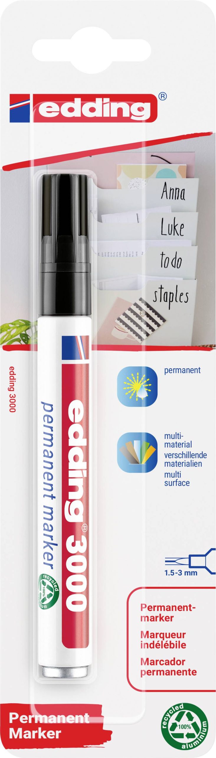 Edding 3000 4-3000-1-1001 Permanent marker Zwart Watervast: Ja