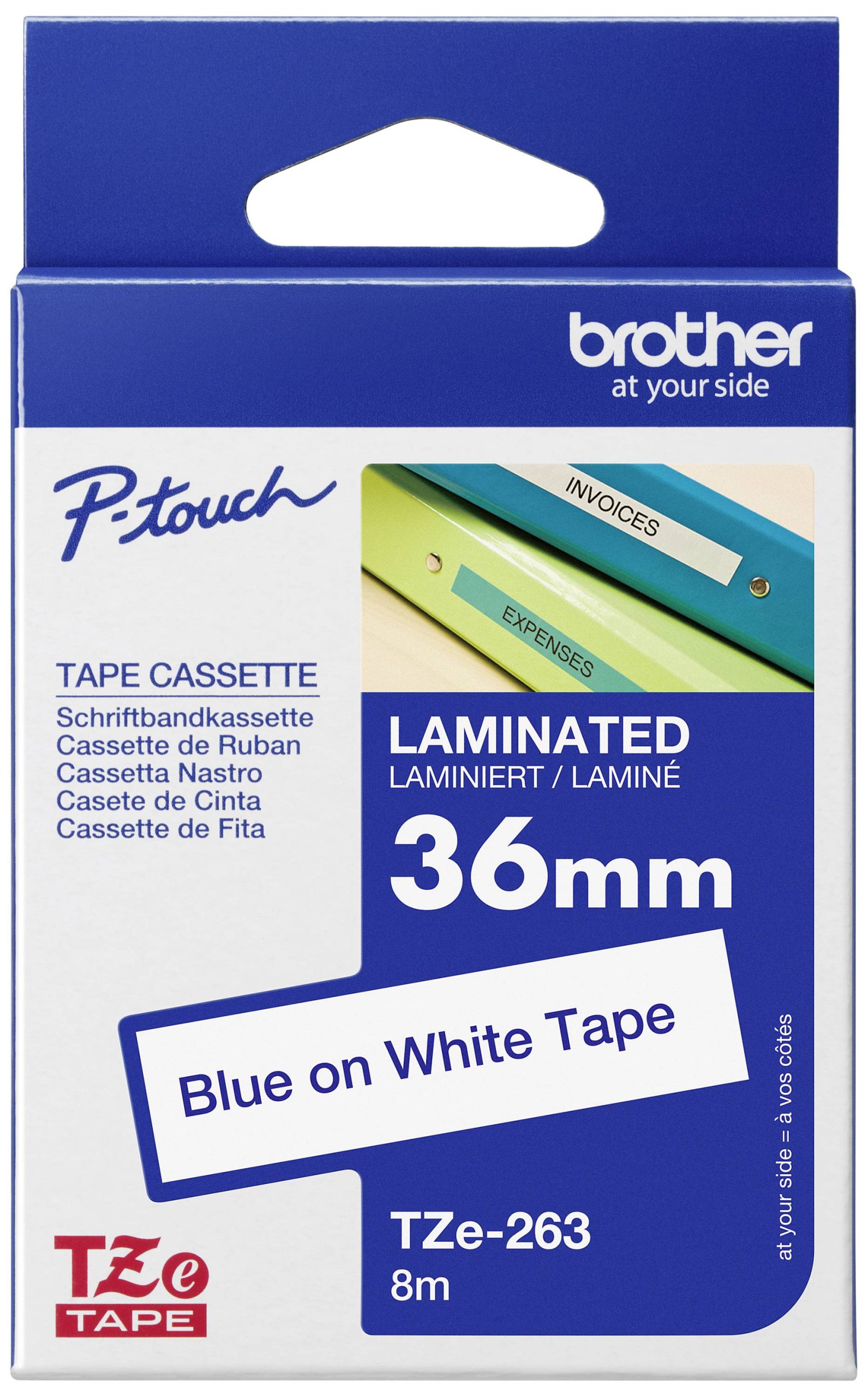 Brother TZe-263 Labeltape Kunststof Tapekleur: Wit Tekstkleur: Blauw 36 mm 8 m