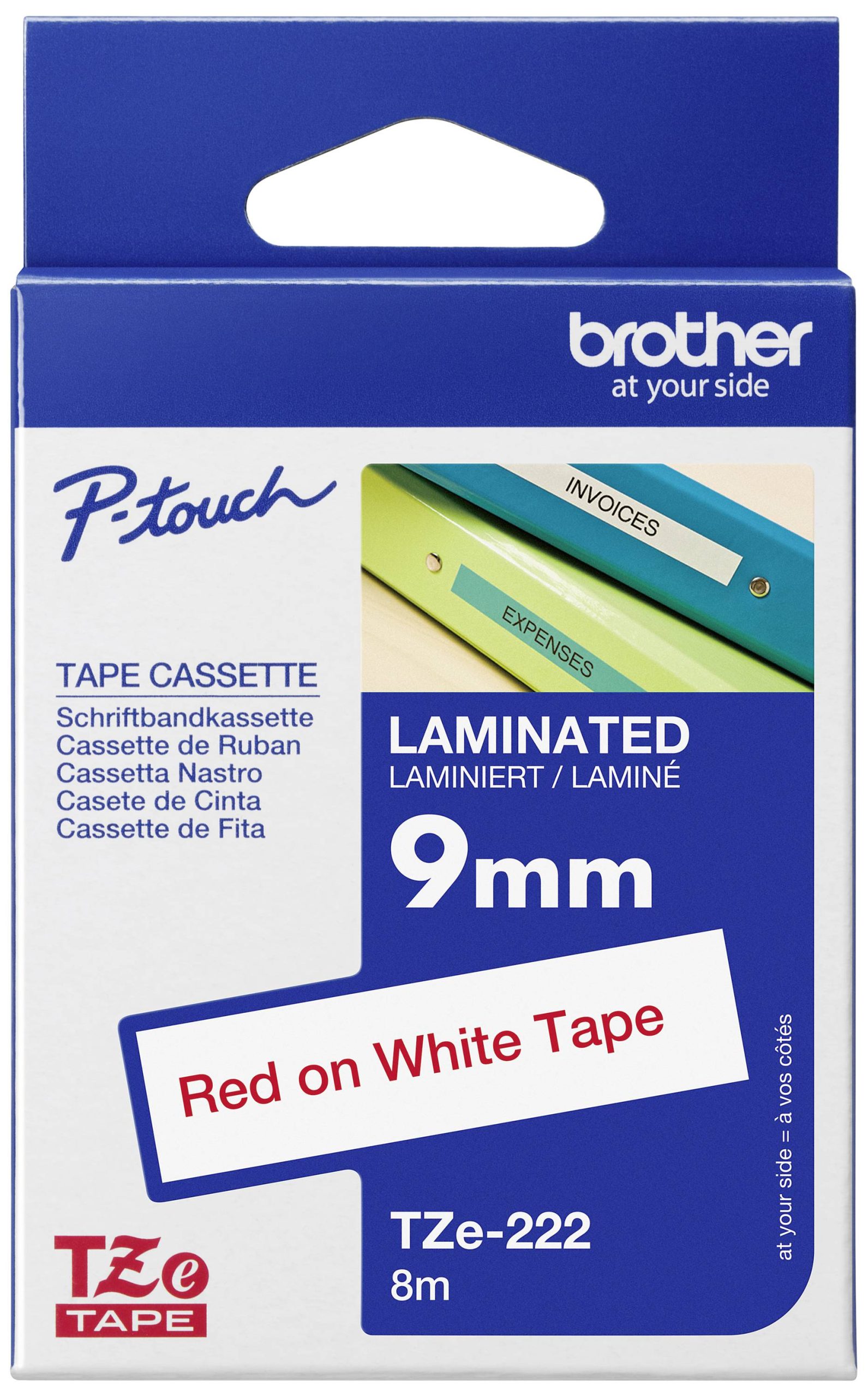 Labeltape Brother TZe, TZ TZe-222 PET Tapekleur: Wit Tekstkleur:Rood 9 mm 8 m