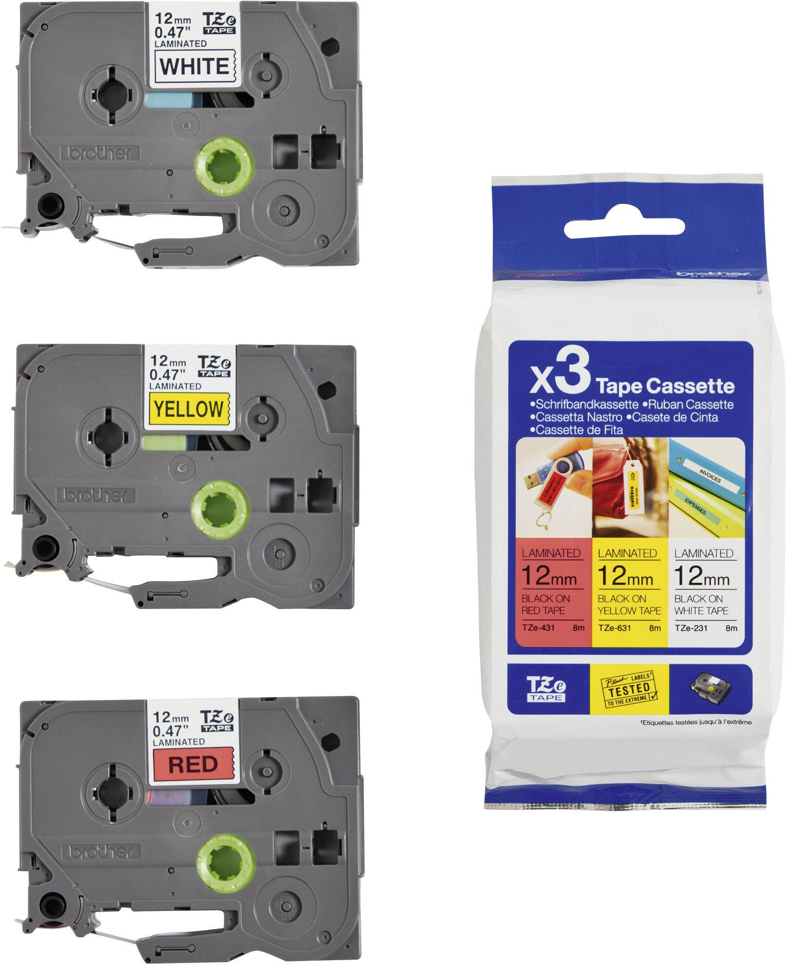 Labeltape Set van 3 stuks Brother TZe, TZ TZe-31M3 Tapekleur: Wit, Geel, Rood Tekstkleur:Zwart 12 mm 8 m