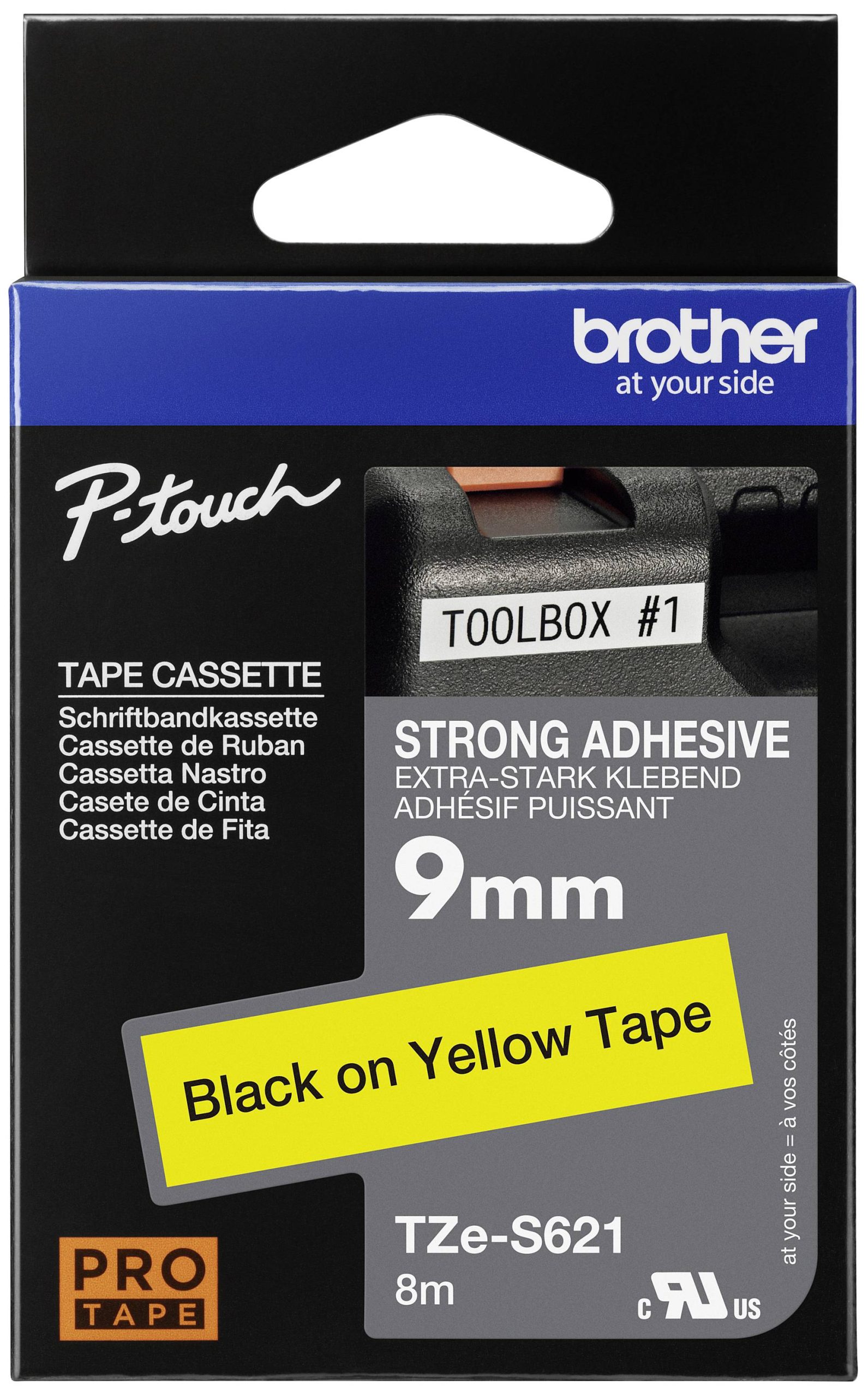Brother TZe-S621 Labeltape extra sterk klevend PET Tapekleur: Geel Tekstkleur: Zwart 9 mm 8 m