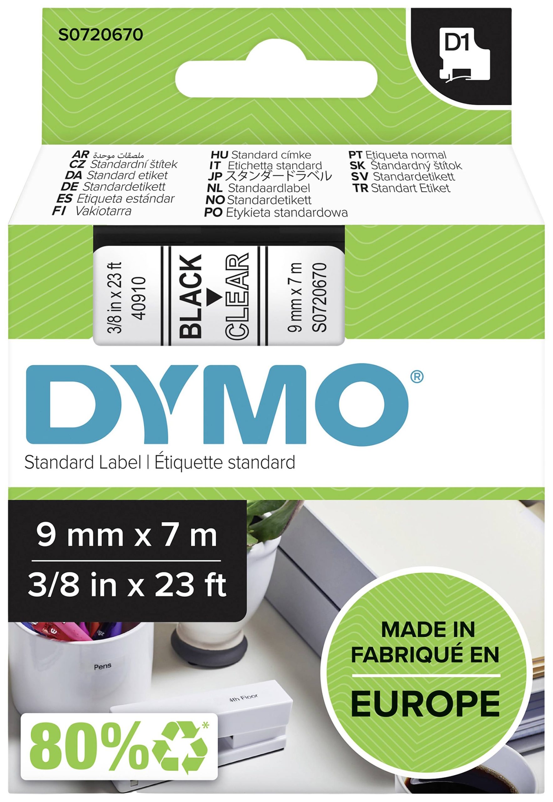 Labeltape DYMO D1 40910 Polyester Tapekleur: Transparant Tekstkleur:Zwart 9 mm 7 m