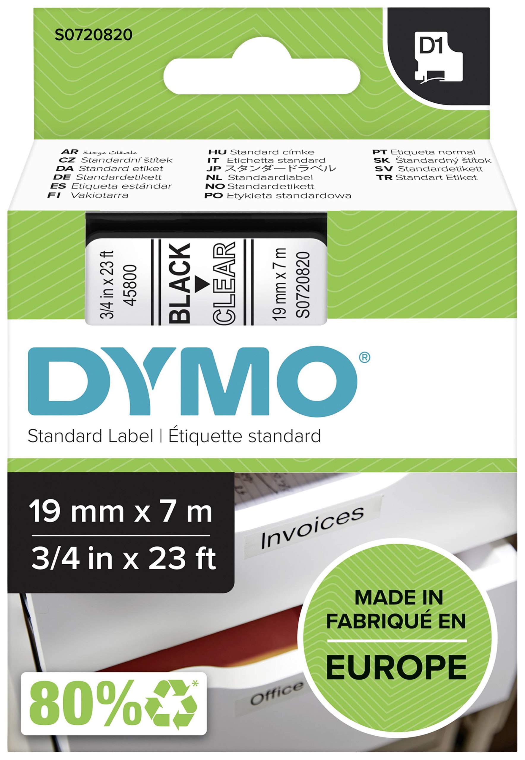 Etiketten DYMO D1 45800 Tapekleur: Transparant Tekstkleur:Zwart 19 mm 7 m