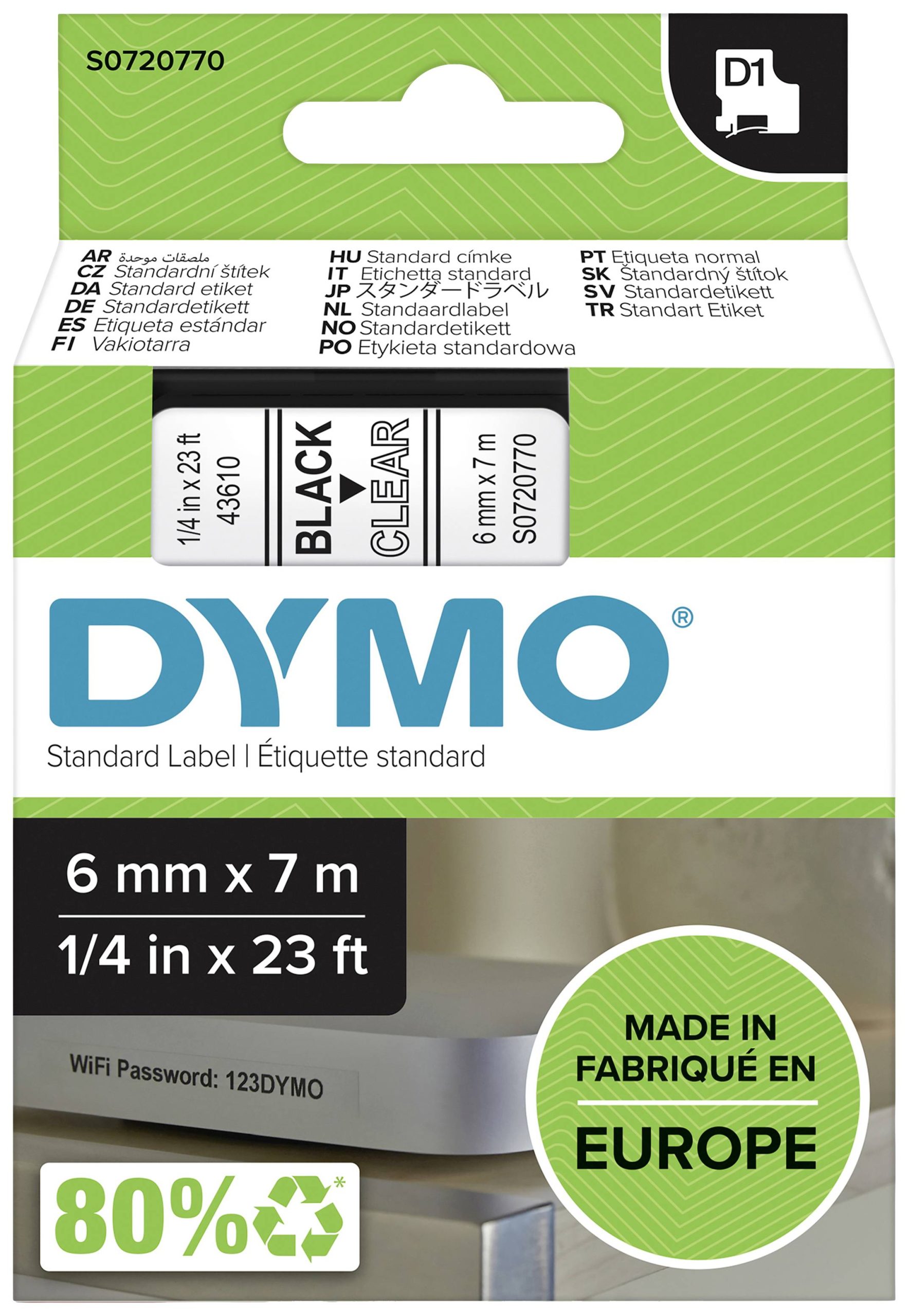 Labeltape DYMO D1 43610 Polyester Tapekleur: Transparant Tekstkleur:Zwart 6 mm 7 m