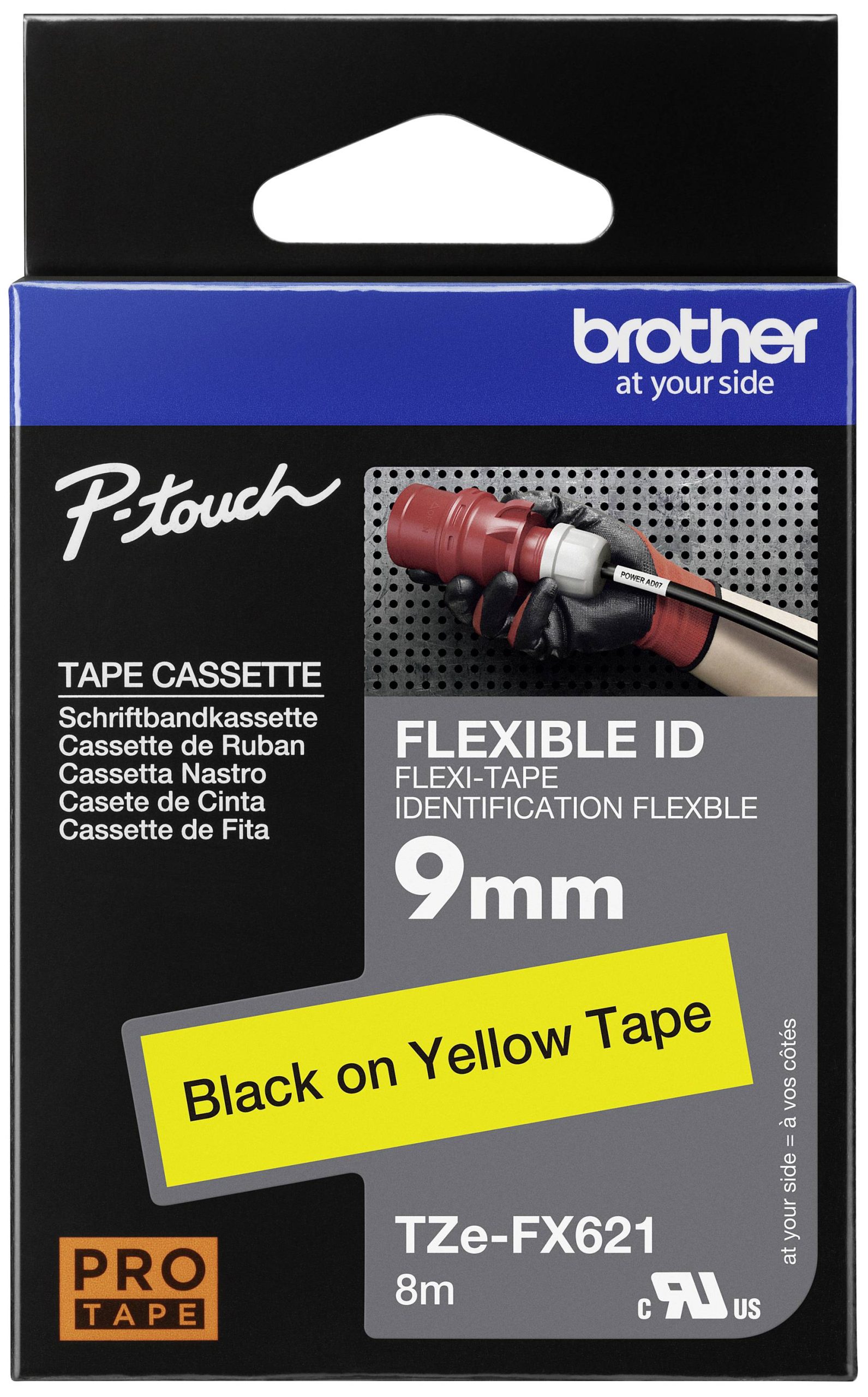 Brother TZe-FX, TZ-FX TZe-FX621 Tapekleur: Geel Tekstkleur:Zwart 9 mm 8 m