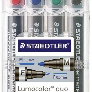 Staedtler Lumocolor duo 348 WP4 Permanent marker Rood, Blauw, Groen, Zwart Watervast: Ja Staedtler Lumocolor duo 348 WP4 Permanent marker Rood, Blauw, Groen, Zwart Watervast: Ja