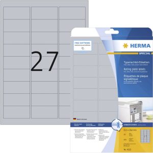 Herma 4222 Etiketten voor typeplaatjes 63.5 x 29.6 mm Polyester folie Zilver 675 stuk(s) Permanent hechtend Laser (zwart Herma 4222 Etiketten voor typeplaatjes 63.5 x 29.6 mm Polyester folie Zilver 675 stuk(s) Permanent hechtend Laser (zwart