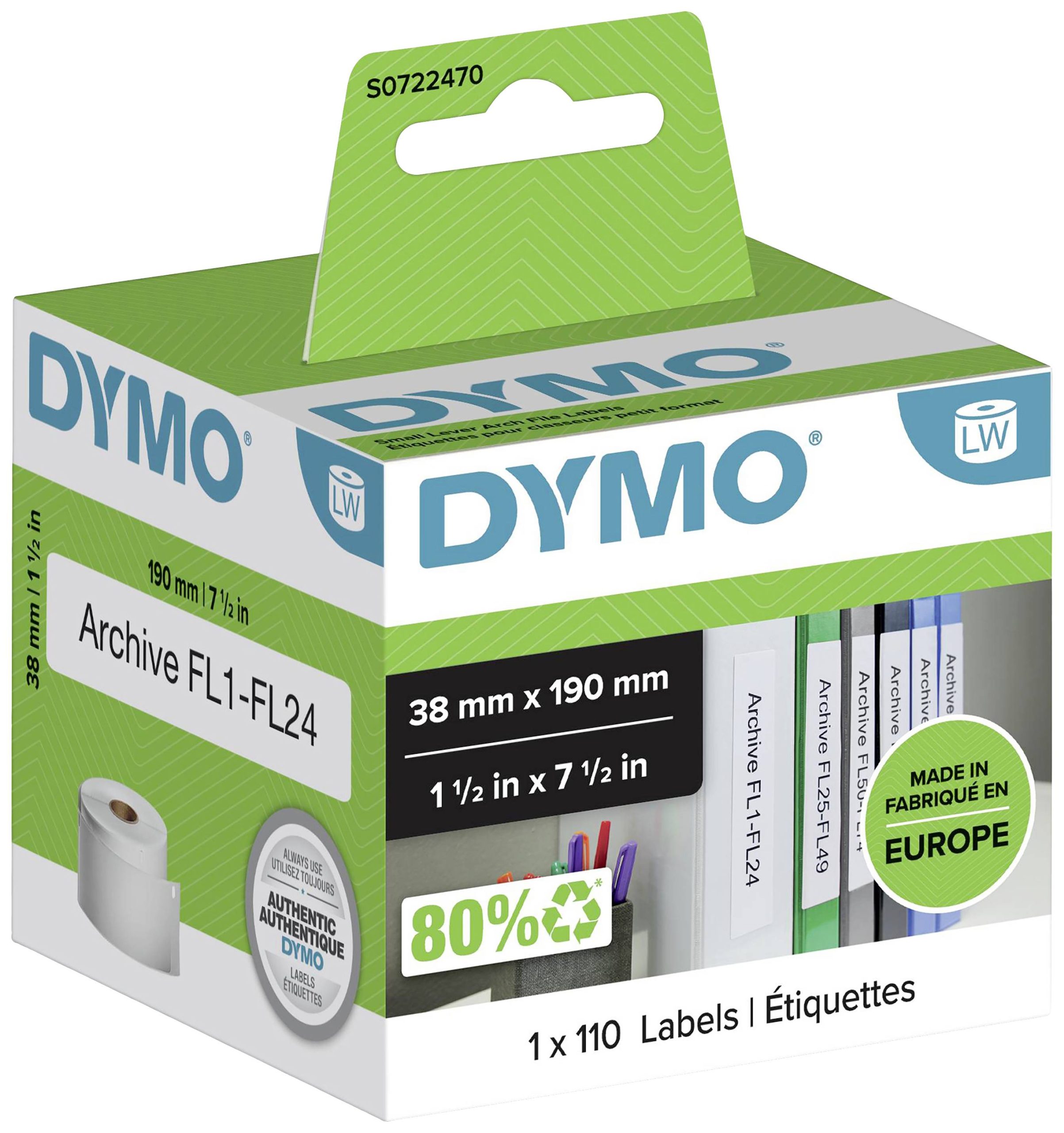 DYMO S0722470 Rol met etiketten 38 x 190 mm Papier Wit 110 stuk(s) Permanent hechtend Ordneretiketten