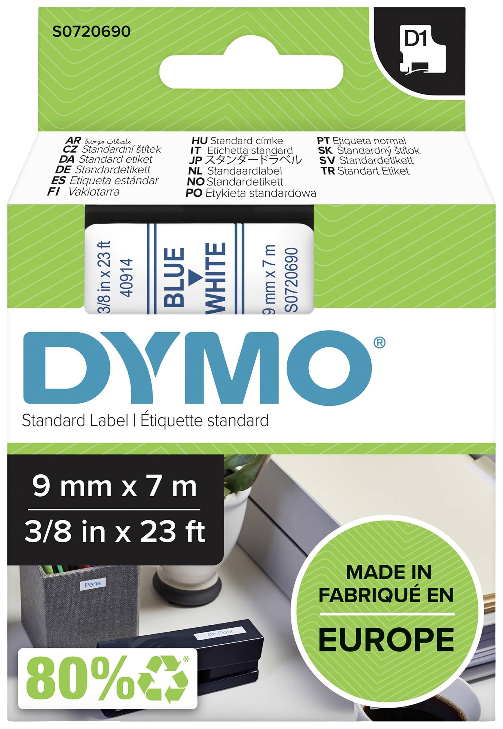 Labeltape DYMO D1 S0720690 Polyester Tapekleur: Wit Tekstkleur:Blauw 9 mm 7 m