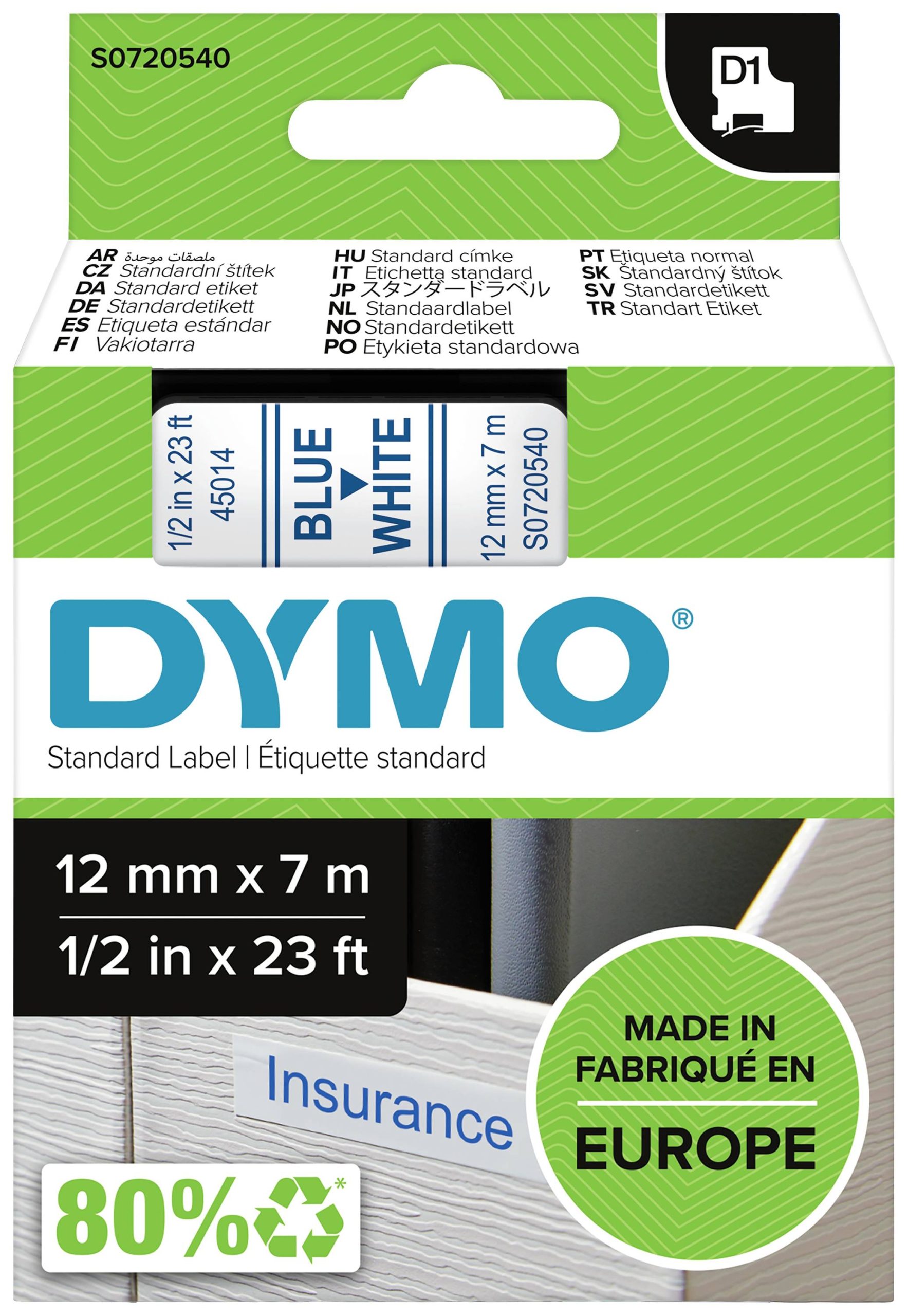 DYMO 45014 Labeltape Polyester Tapekleur: Wit Tekstkleur: Blauw 12 mm 7 m