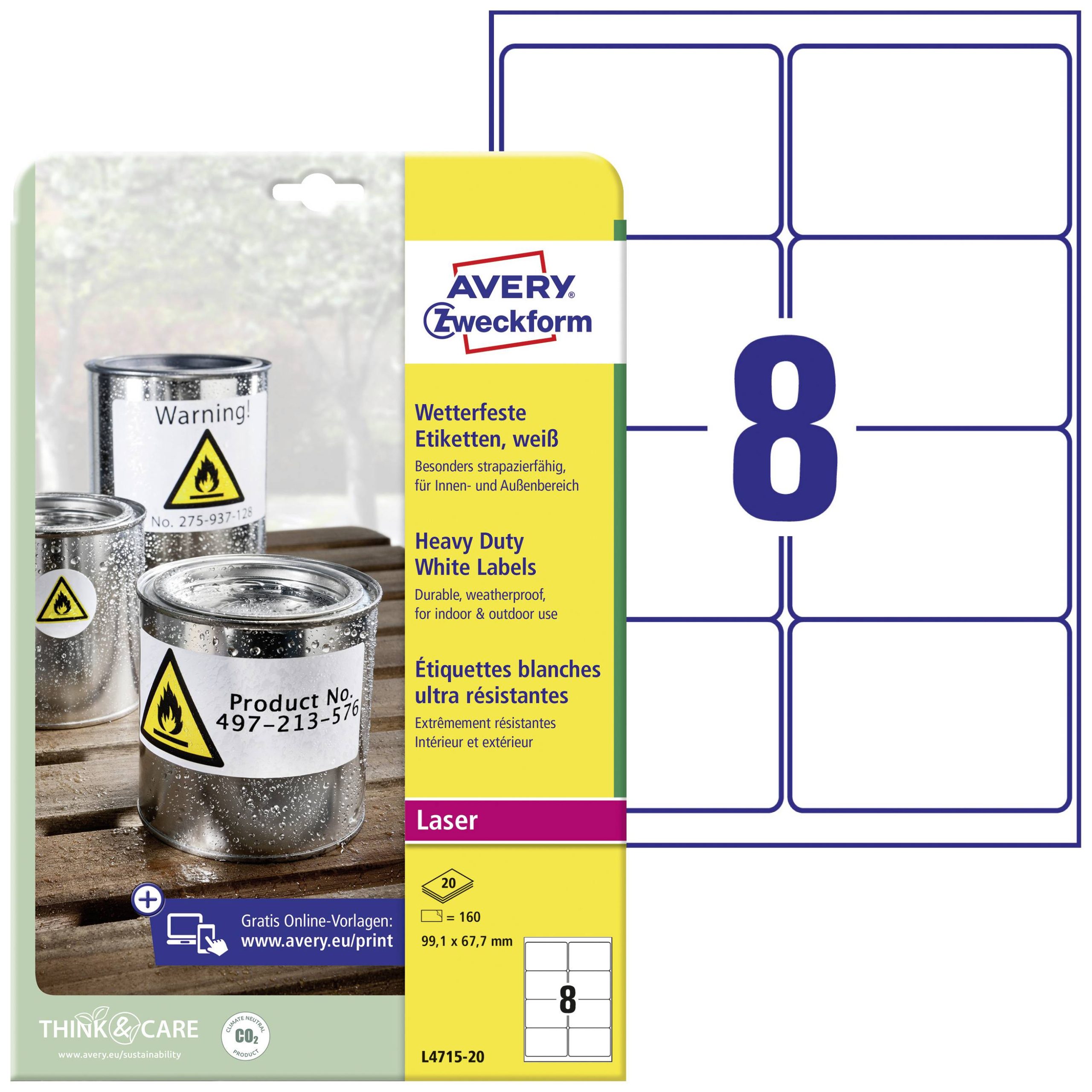 Avery-Zweckform L4715-20 Folie-etiketten 67.7 x 99.1 mm Polyester folie Wit 160 stuk(s) Permanent hechtend Laser (kleur)