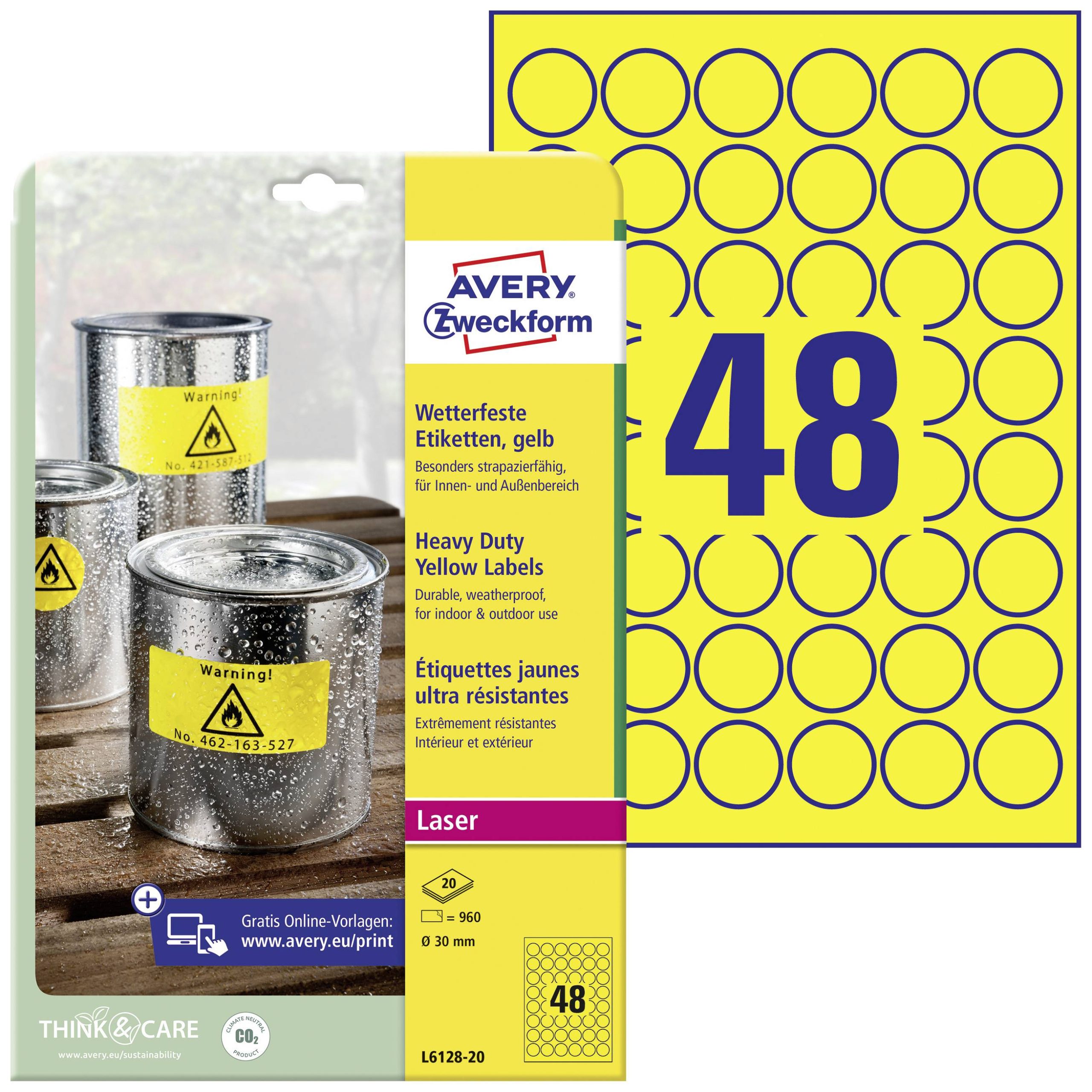 Avery-Zweckform L6128-20 Folie-etiketten Ø 30 mm Polyester folie Geel 960 stuk(s) Permanent hechtend Laser (kleur), Lase