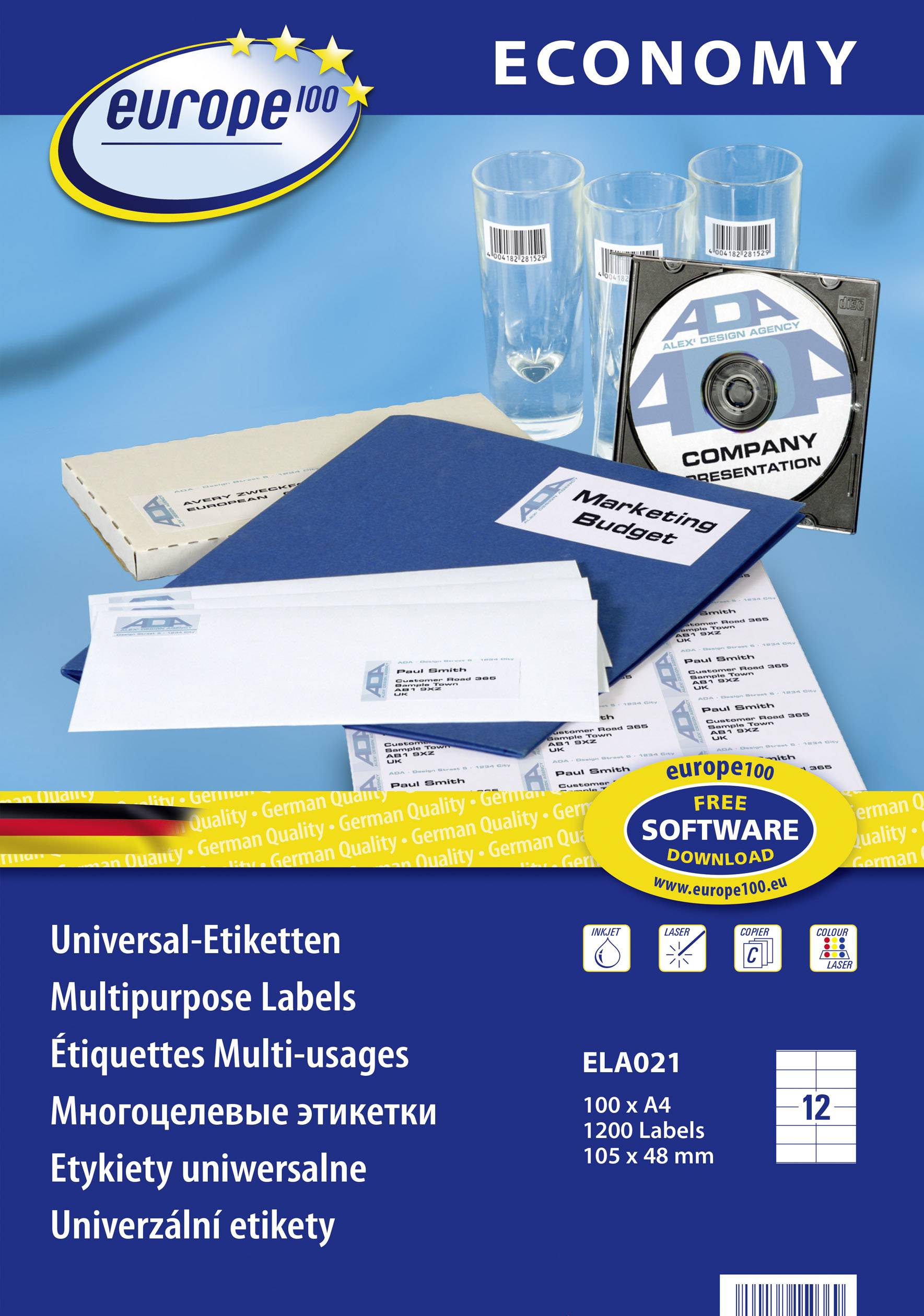 Europe 100 ELA021 Universele etiketten 105 x 48 mm Papier Wit 1200 stuk(s) Permanent hechtend Inkjet, Laser (zwart/wit),