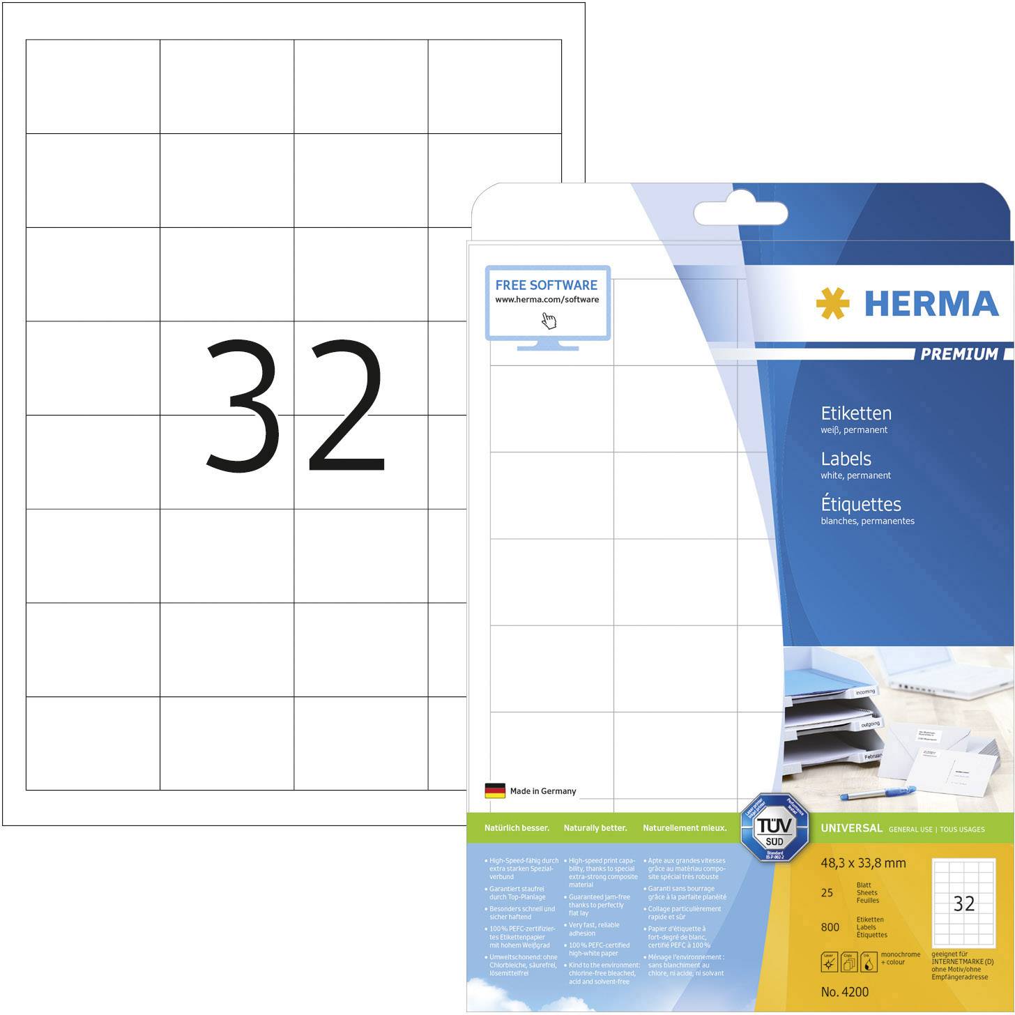 Herma 4200 48.3 x 33.8 mm Papier Wit 800 stuk(s) Permanent hechtend Universele etiketten Inkt, Laser, Kopie 25 vel DIN A