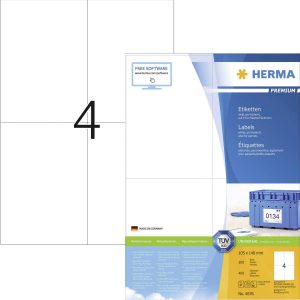 Herma 4676 105 x 148 mm Papier Wit 400 stuk(s) Permanent hechtend Universele etiketten Inkt, Laser, Kopie 100 vel DIN A4 Herma 4676 105 x 148 mm Papier Wit 400 stuk(s) Permanent hechtend Universele etiketten Inkt, Laser, Kopie 100 vel DIN A4