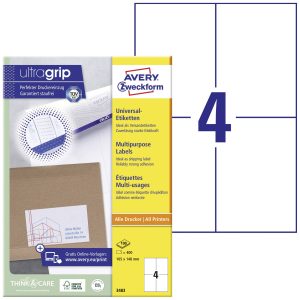 Avery-Zweckform Avery Zweckform 3483 universele etiketten, A4 met ultragrip, 105 x 148 mm, 100 vellen/400 etiketten, wit