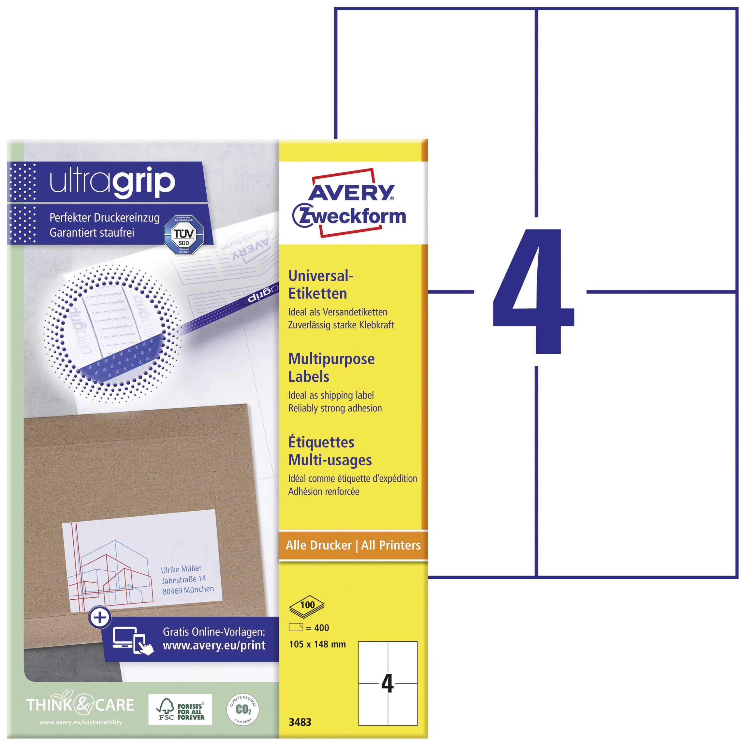 Avery-Zweckform Avery Zweckform 3483 universele etiketten, A4 met ultragrip, 105 x 148 mm, 100 vellen/400 etiketten, wit