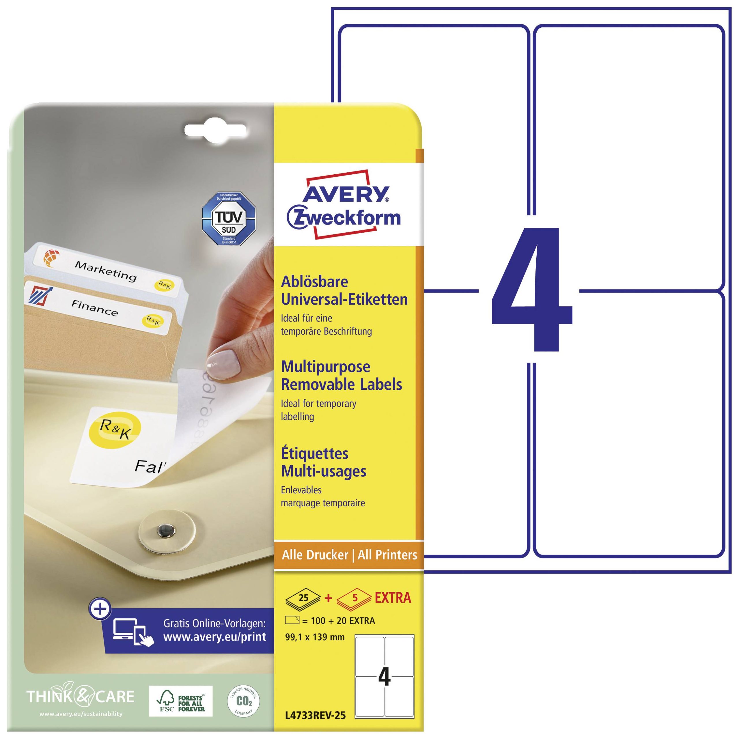 Avery-Zweckform Universele etiketten L4733REV-25 (N/A ),Wit, Rechthoek, Afgeronde hoeken, 120 stuk(s), Weer verwijderbaa