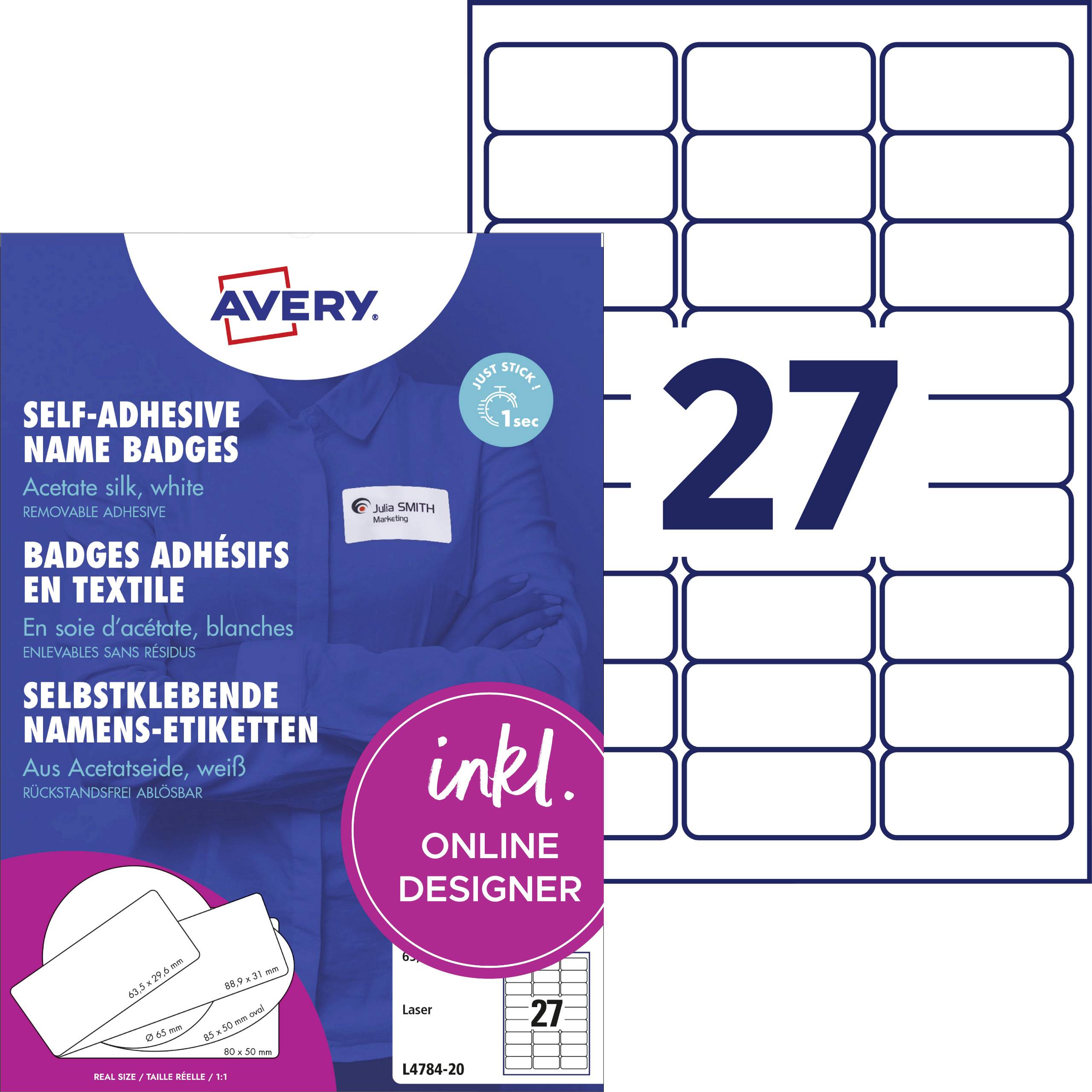 Avery-Zweckform L4784-20 Naametiketten 63.5 x 29.6 mm Acetaatzijde Wit 540 stuk(s) Weer verwijderbaar Laser (kleur), Las