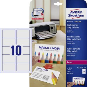 Avery-Zweckform C32026-25 Bedrukbare visitekaarten, gladde kant 85 x 54 mm Ultra-wit 250 stuk(s) Papierformaat: DIN A4 Avery-Zweckform C32026-25 Bedrukbare visitekaarten, gladde kant 85 x 54 mm Ultra-wit 250 stuk(s) Papierformaat: DIN A4