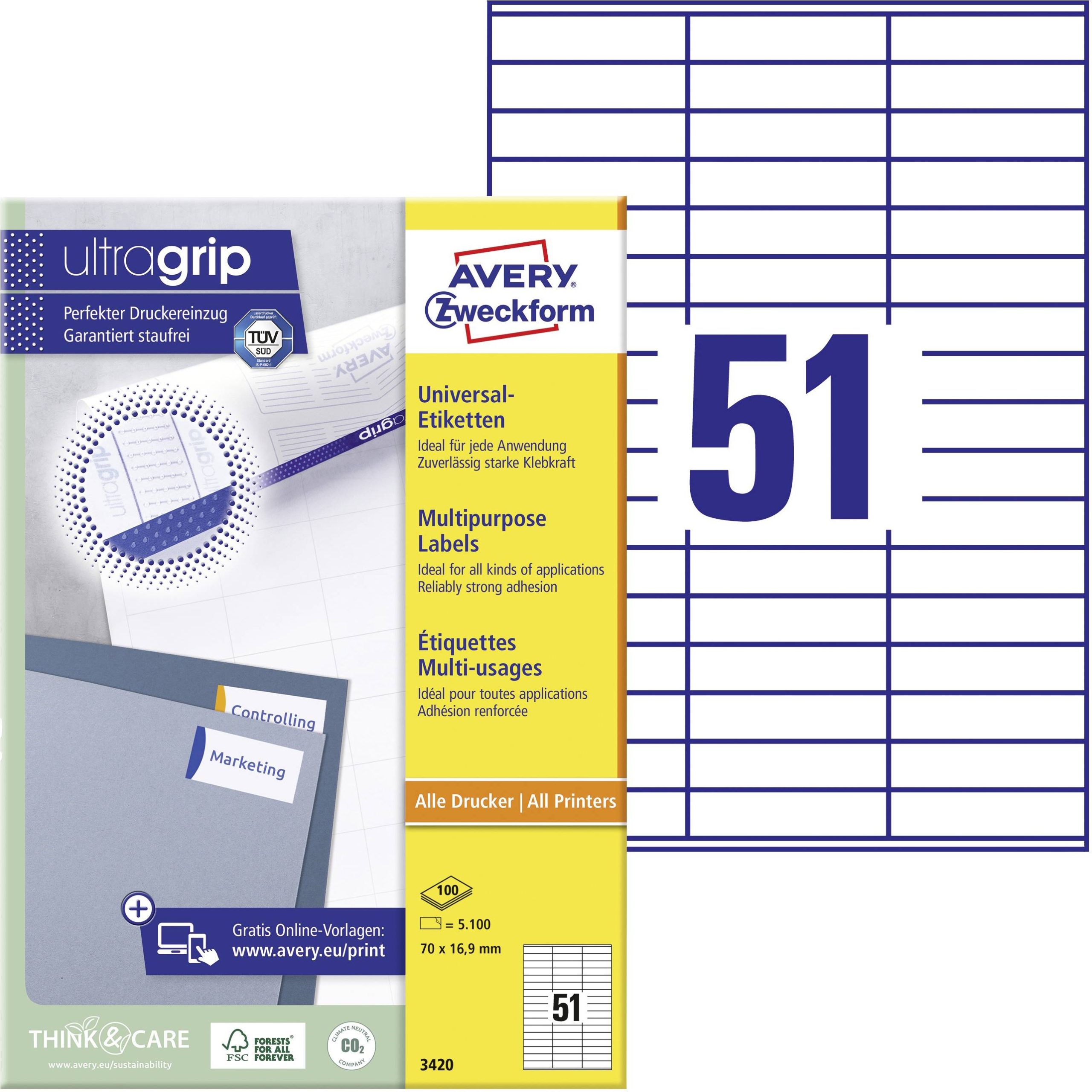 Avery-Zweckform 3420 Universele etiketten 70 x 16.9 mm Papier Wit 5100 stuk(s) Permanent hechtend Inkjet, Laser (zwart/w