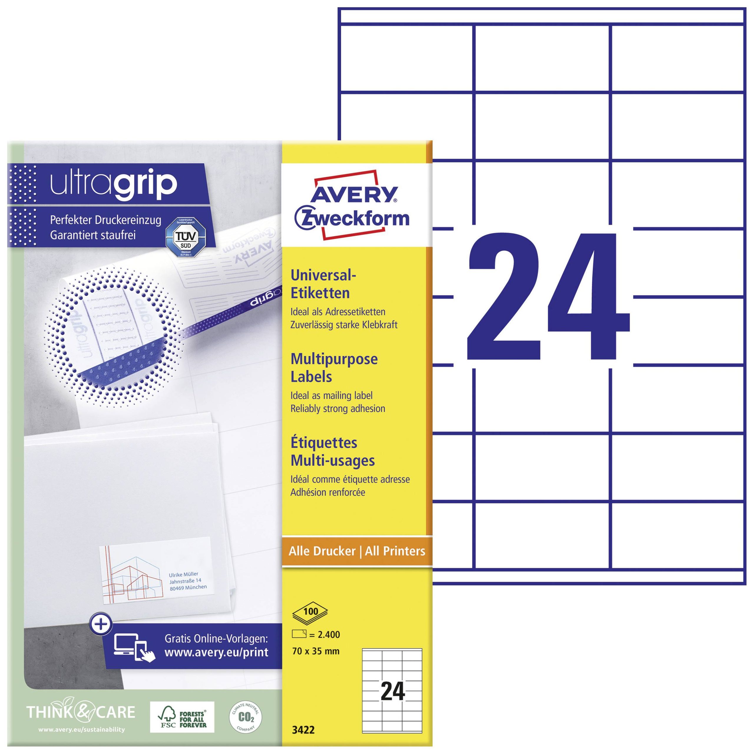 Avery-Zweckform 3422 Universele etiketten 70 x 35 mm Papier Wit 2400 stuk(s) Permanent hechtend Inkjet, Laser (zwart/wit