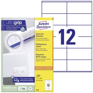 Avery-Zweckform 3424 Universele etiketten 105 x 48 mm Papier Wit 1200 stuk(s) Permanent hechtend Inkjet, Laser (zwart/wi Avery-Zweckform 3424 Universele etiketten 105 x 48 mm Papier Wit 1200 stuk(s) Permanent hechtend Inkjet, Laser (zwart/wi