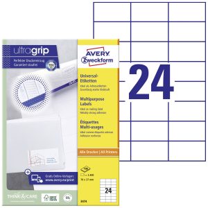 Avery-Zweckform 3474 Universele etiketten 70 x 37 mm Papier Wit 2400 stuk(s) Permanent hechtend Inkjet, Laser (zwart/wit