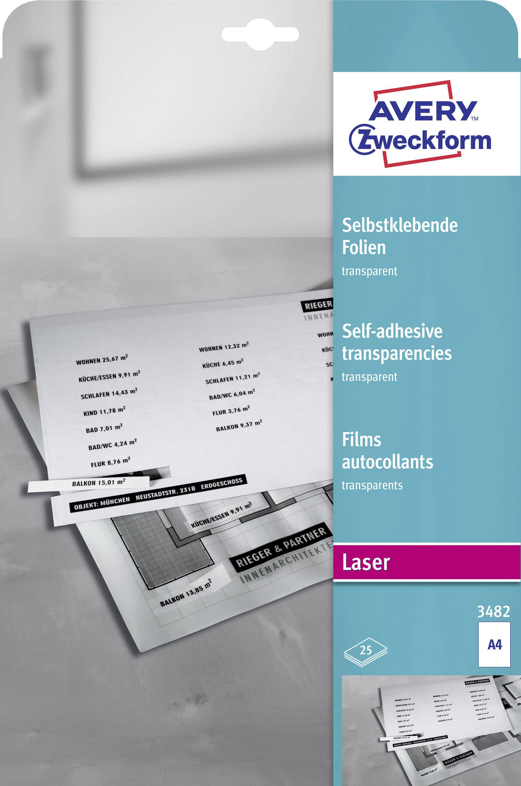 Avery-Zweckform 3482 3482 Zelfklevende folie DIN A4 Laser (zwart/wit) Transparant 25 stuk(s)