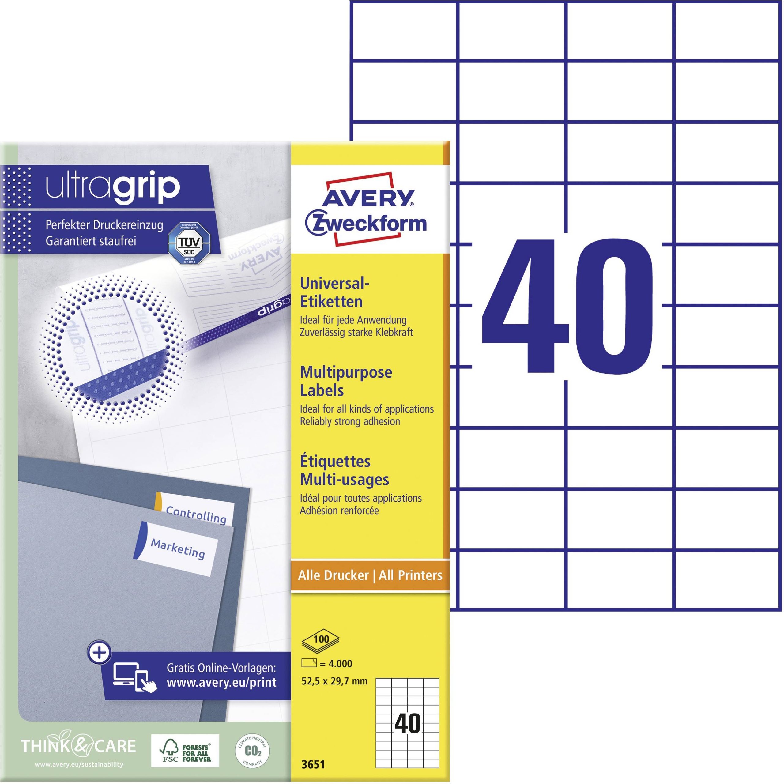Avery-Zweckform 3651 Universele etiketten 52.5 x 29.7 mm Papier Wit 4000 stuk(s) Permanent hechtend Inkjet, Laser (zwart