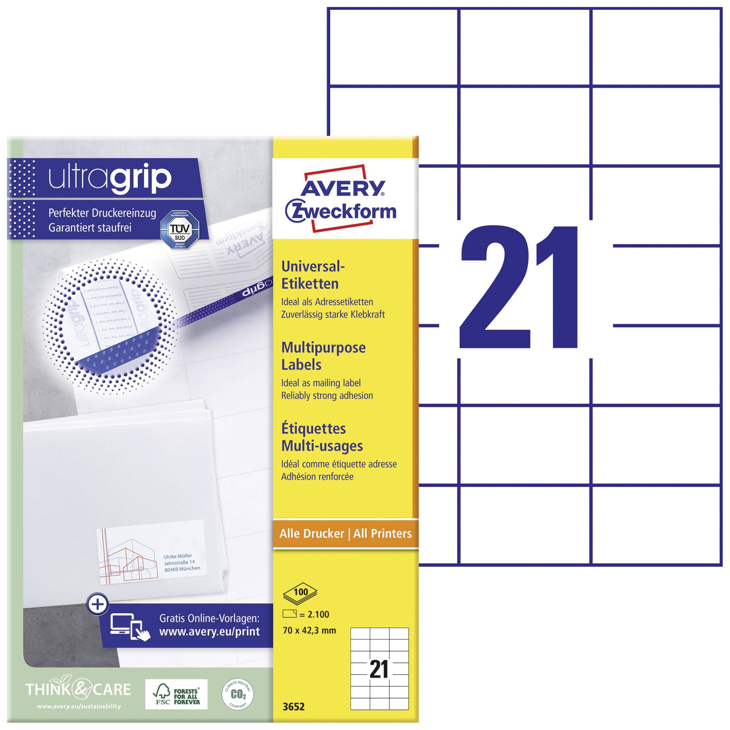 Avery-Zweckform 3652 Universele etiketten 70 x 42.3 mm Papier Wit 2100 stuk(s) Permanent hechtend Inkjet, Laser (zwart/w