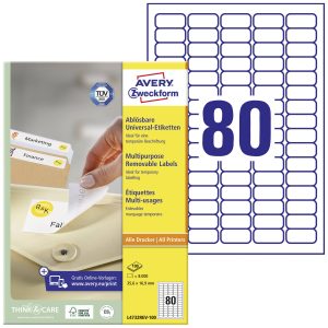 Avery-Zweckform L4732REV-100 Universele etiketten 35.6 x 16.9 mm Papier Wit 8000 stuk(s) Weer verwijderbaar Inkjet, Lase Avery-Zweckform L4732REV-100 Universele etiketten 35.6 x 16.9 mm Papier Wit 8000 stuk(s) Weer verwijderbaar Inkjet, Lase