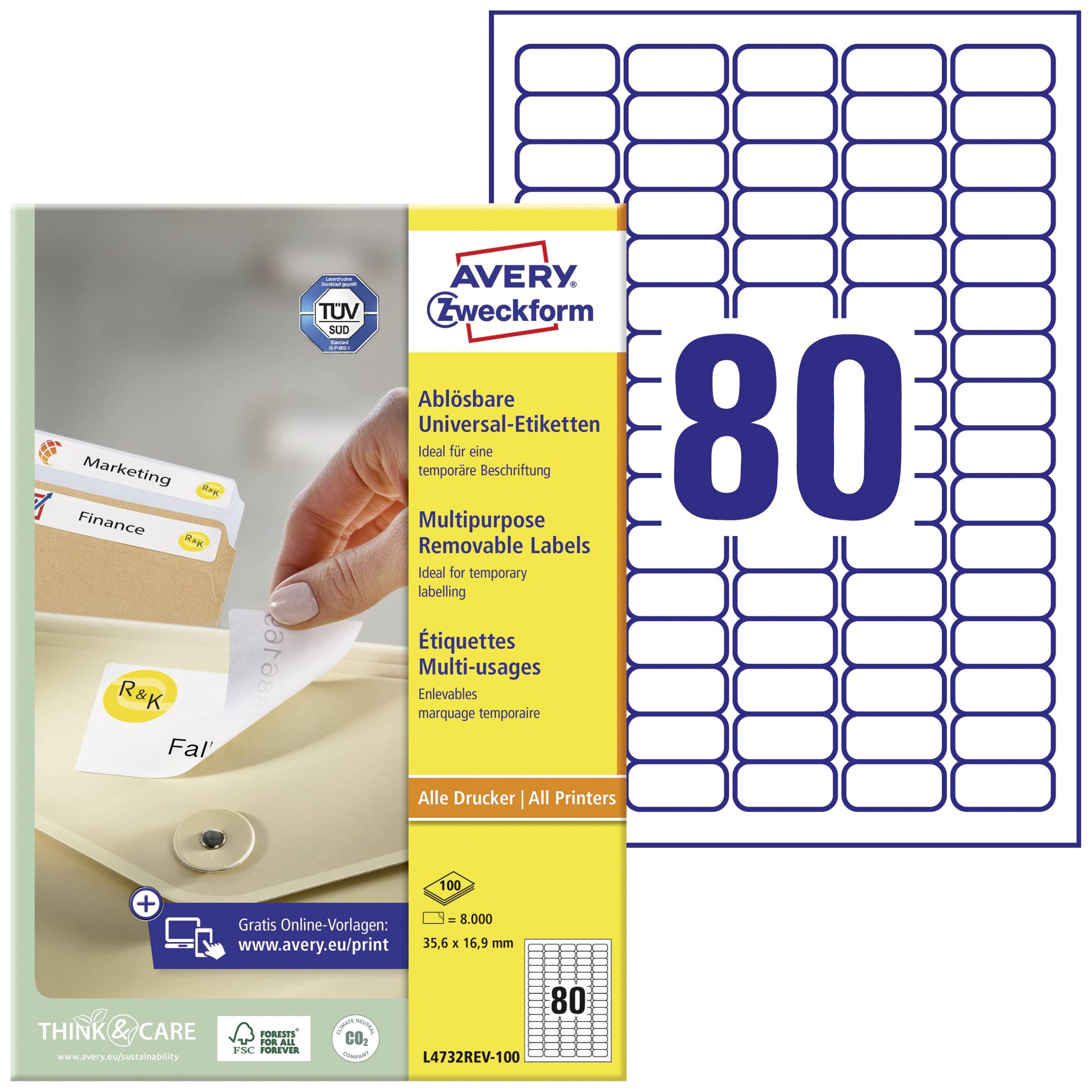 Avery-Zweckform L4732REV-100 Universele etiketten 35.6 x 16.9 mm Papier Wit 8000 stuk(s) Weer verwijderbaar Inkjet, Lase