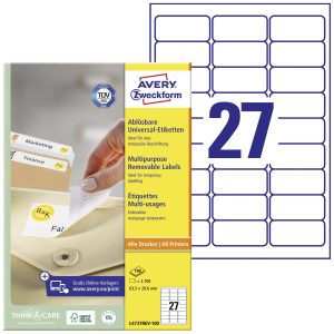 Avery-Zweckform L4737REV-100 Universele etiketten 63.5 x 29.6 mm Papier Wit 2700 stuk(s) Weer verwijderbaar Inkjet, Lase Avery-Zweckform L4737REV-100 Universele etiketten 63.5 x 29.6 mm Papier Wit 2700 stuk(s) Weer verwijderbaar Inkjet, Lase