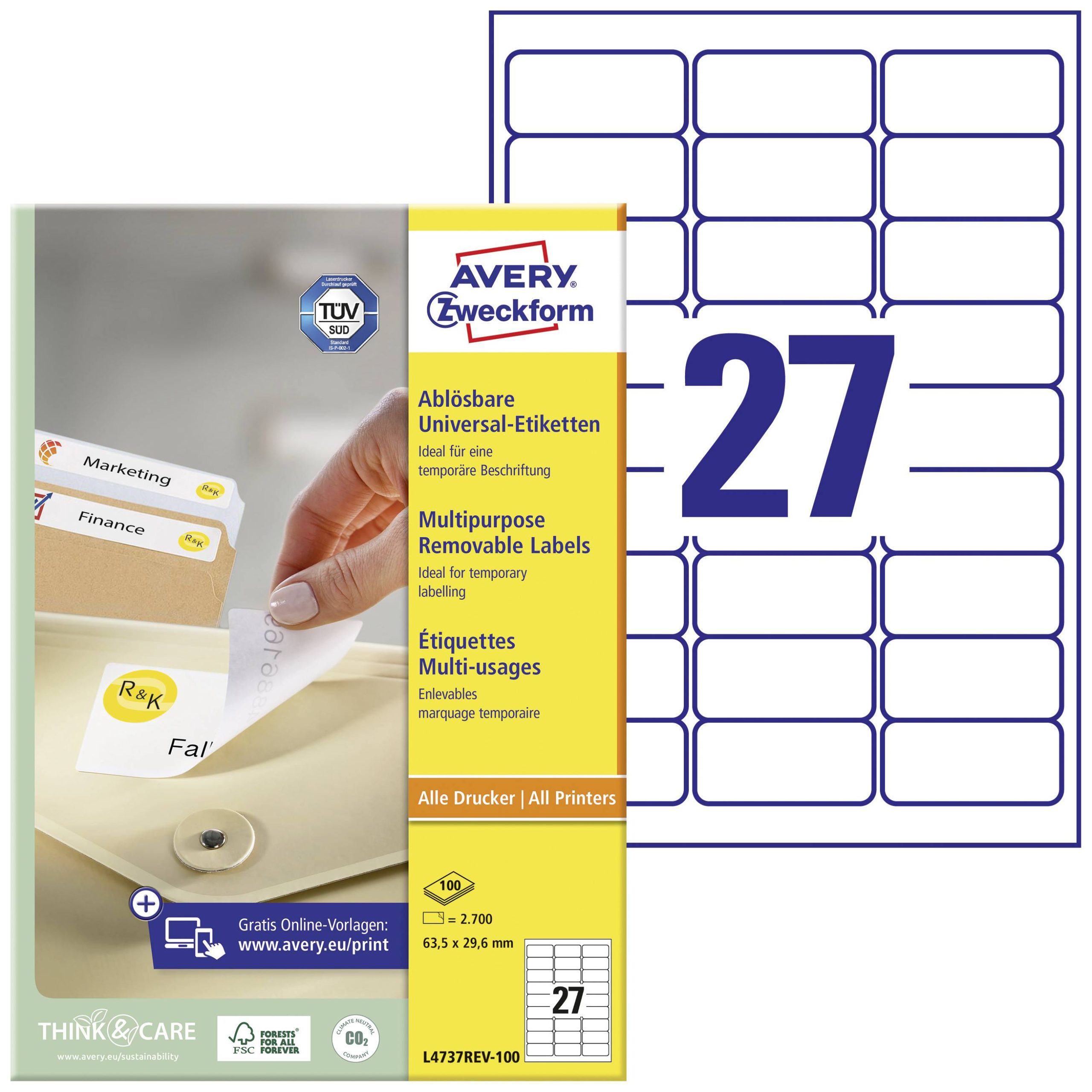 Avery-Zweckform L4737REV-100 Universele etiketten 63.5 x 29.6 mm Papier Wit 2700 stuk(s) Weer verwijderbaar Inkjet, Lase