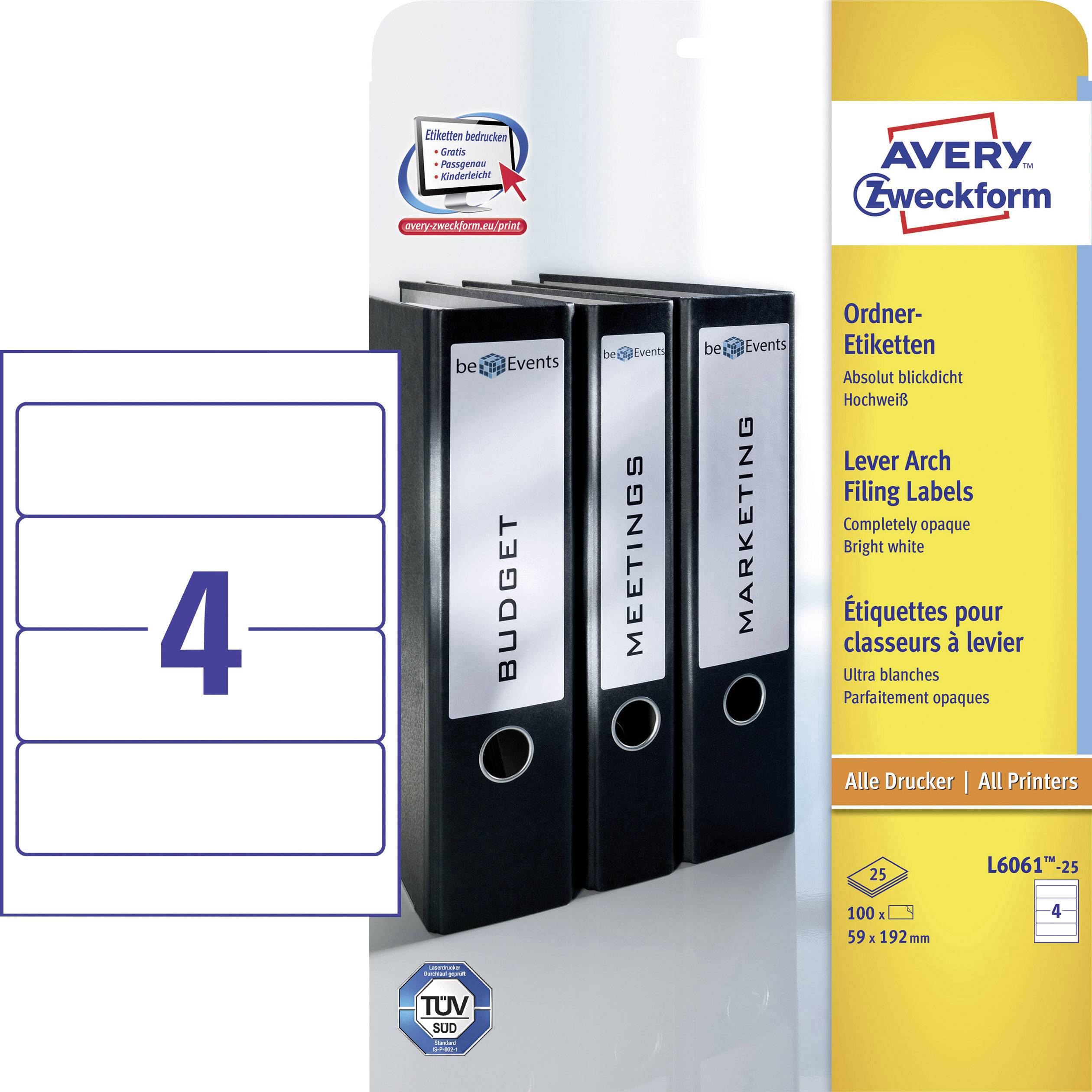 Avery-Zweckform L6061-25 Ordneretiketten 59 x 192 mm Papier Wit 120 stuk(s) Permanent hechtend Laser (kleur), Laser (zwa