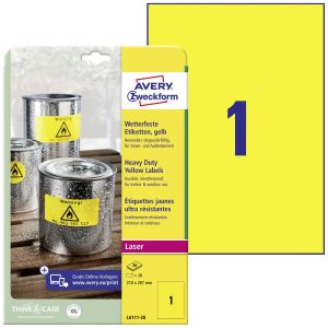 Avery-Zweckform L6111-20 Folie-etiketten 210 x 297 mm Polyester folie Geel 20 stuk(s) Permanent hechtend Laser (kleur), Avery-Zweckform L6111-20 Folie-etiketten 210 x 297 mm Polyester folie Geel 20 stuk(s) Permanent hechtend Laser (kleur),