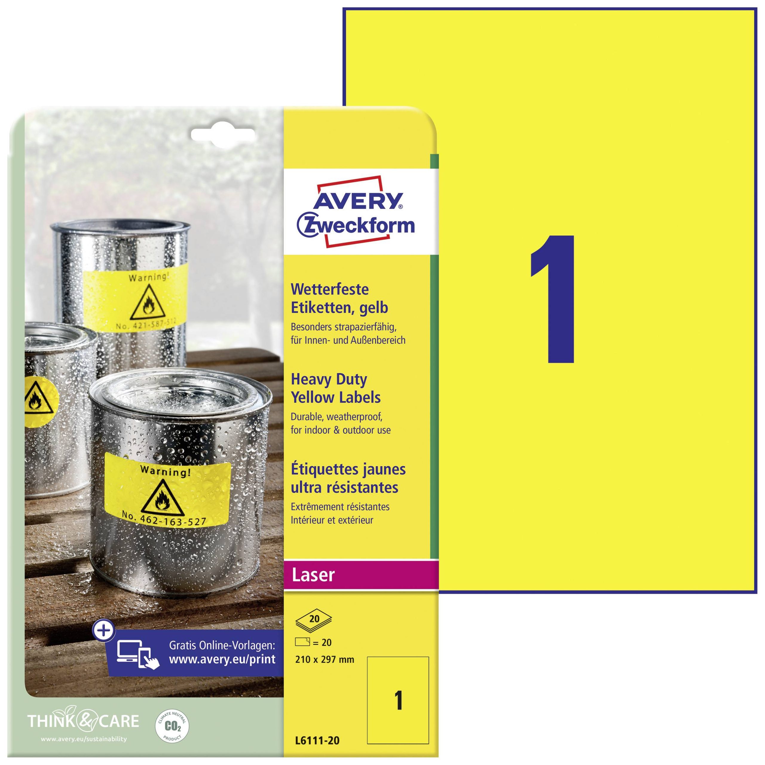 Avery-Zweckform L6111-20 Folie-etiketten 210 x 297 mm Polyester folie Geel 20 stuk(s) Permanent hechtend Laser (kleur),