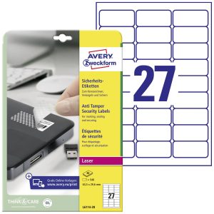 Avery-Zweckform L6114-20 Veiligheidsetiketten 63.5 x 29.6 mm Polyester folie Wit 480 stuk(s) Permanent hechtend Laser (z Avery-Zweckform L6114-20 Veiligheidsetiketten 63.5 x 29.6 mm Polyester folie Wit 480 stuk(s) Permanent hechtend Laser (z