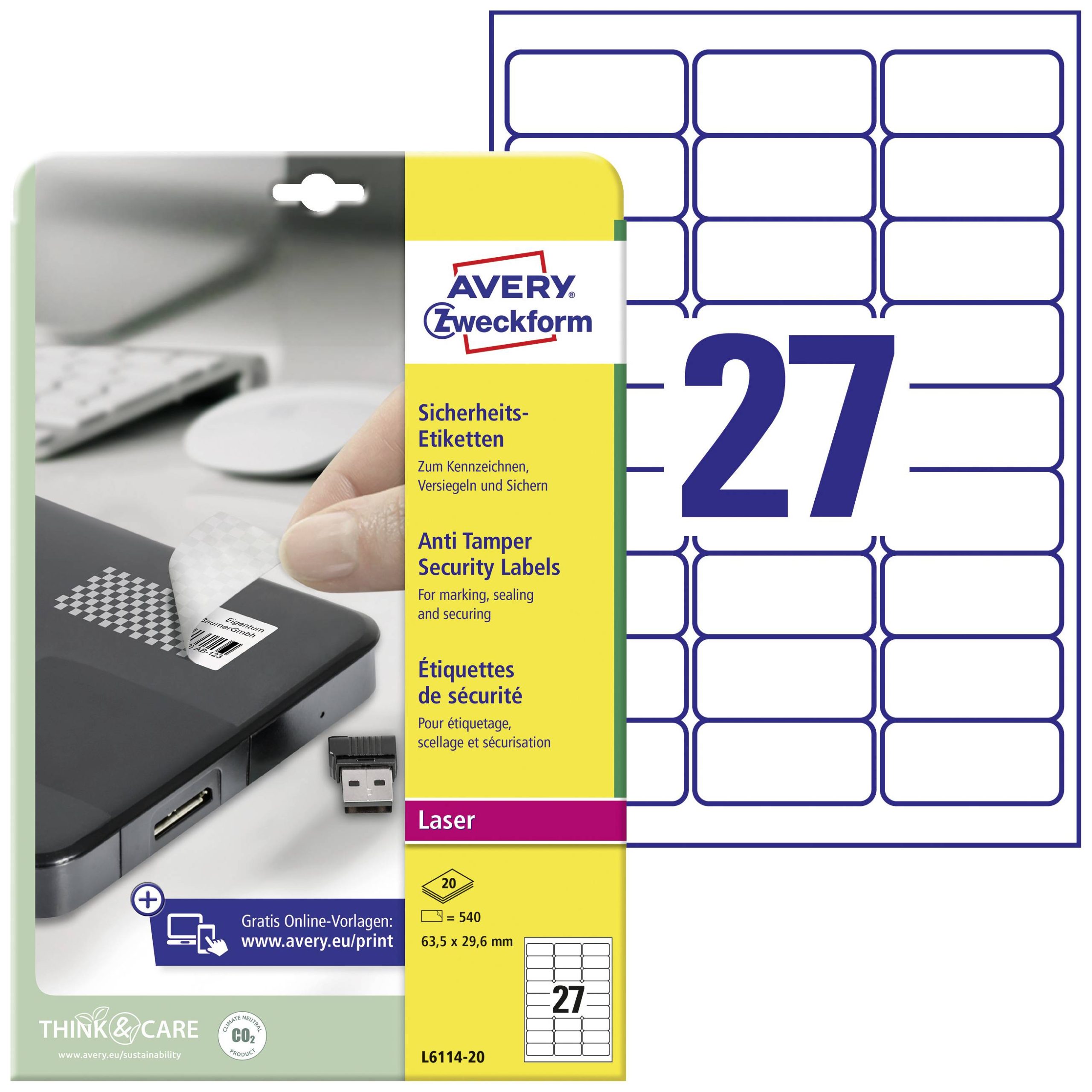 Avery-Zweckform L6114-20 Veiligheidsetiketten 63.5 x 29.6 mm Polyester folie Wit 480 stuk(s) Permanent hechtend Laser (z