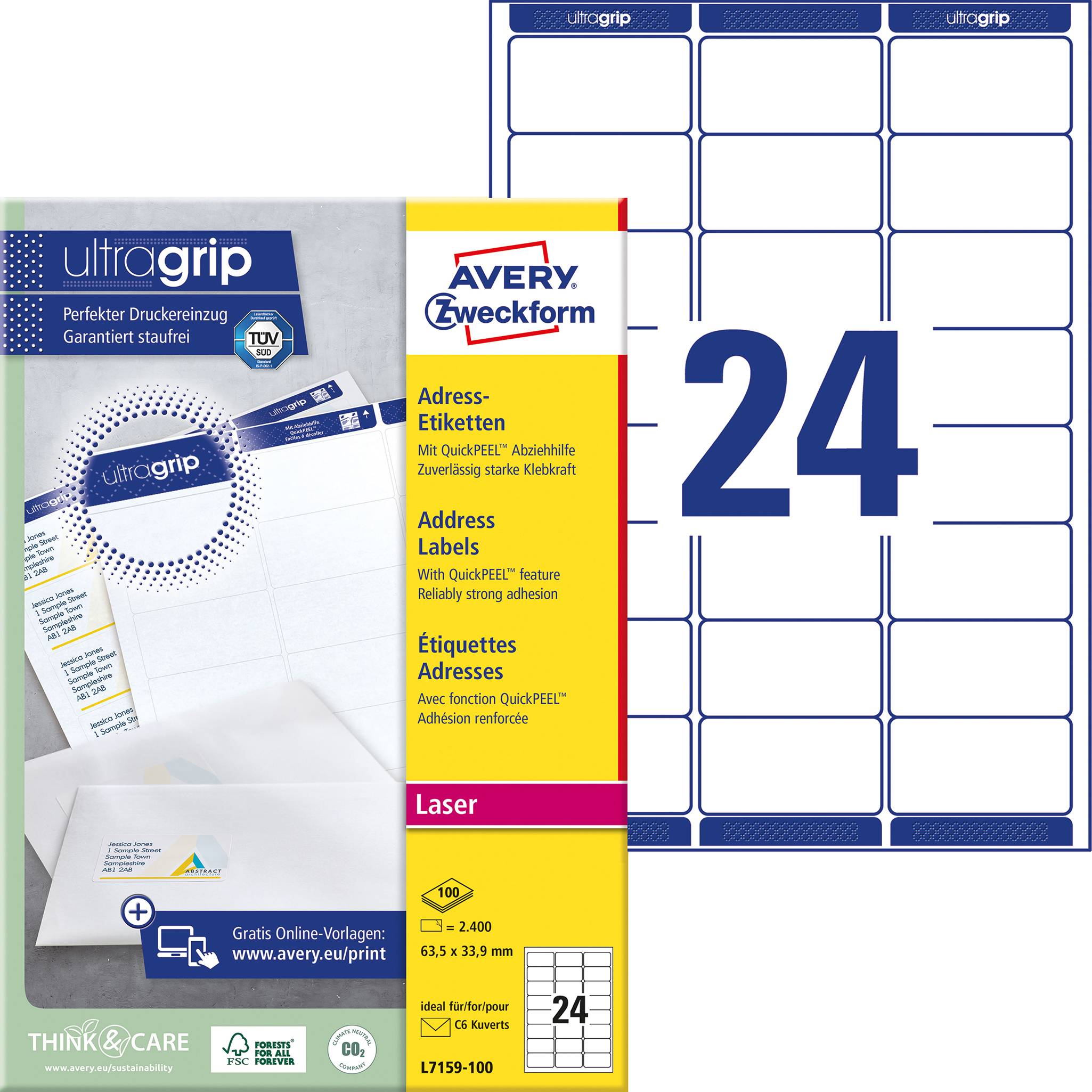 Avery-Zweckform L7159-100 Adresetiketten 63.5 x 33.9 mm Papier Wit 2400 stuk(s) Permanent hechtend Inkjet, Laser (zwart/