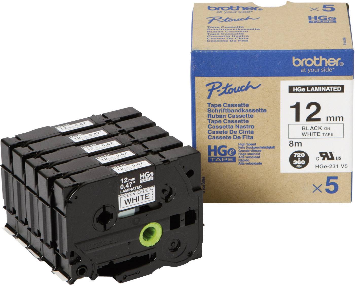 Brother HGe-231V5 Labeltape Set van 5 stuks Tapekleur: Wit Tekstkleur: Zwart 12 mm 8 m