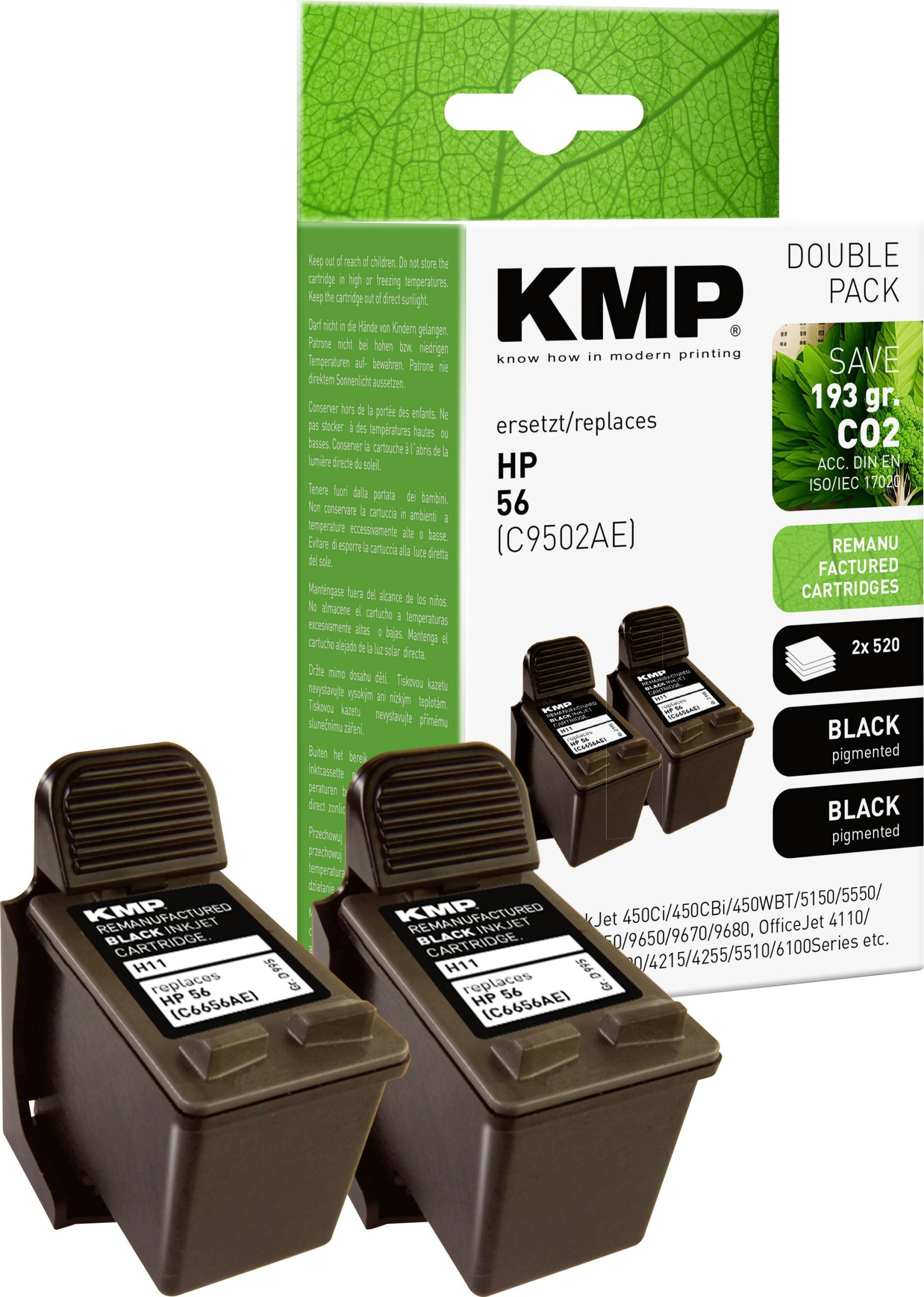 KMP Inktcartridge vervangt HP 56, C6656AE Compatibel 2-pack Zwart H11D 0995,4021