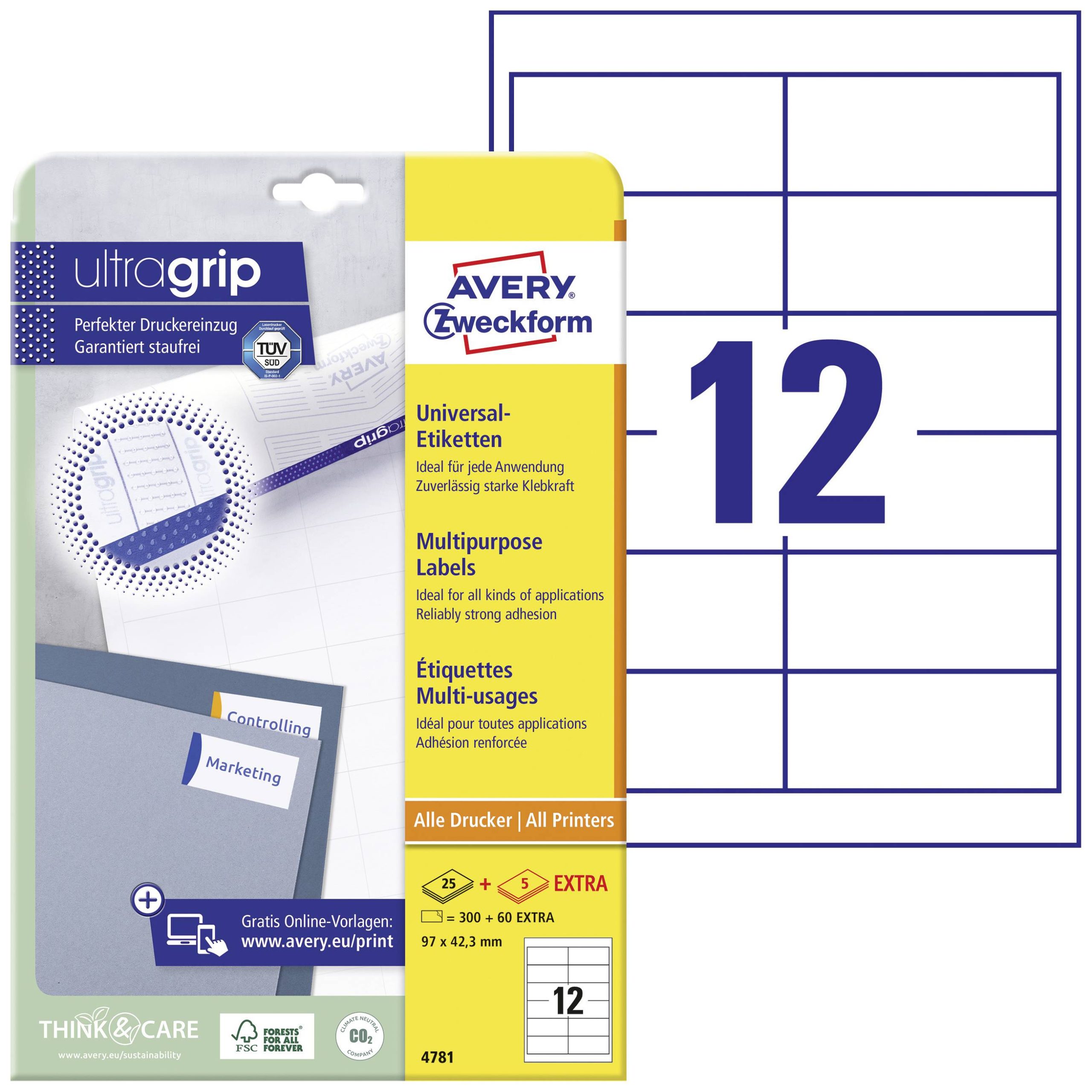 Avery-Zweckform 4781 Universele etiketten 97 x 42.3 mm Papier Wit 360 stuk(s) Permanent hechtend Inkjet, Laser (zwart/wi