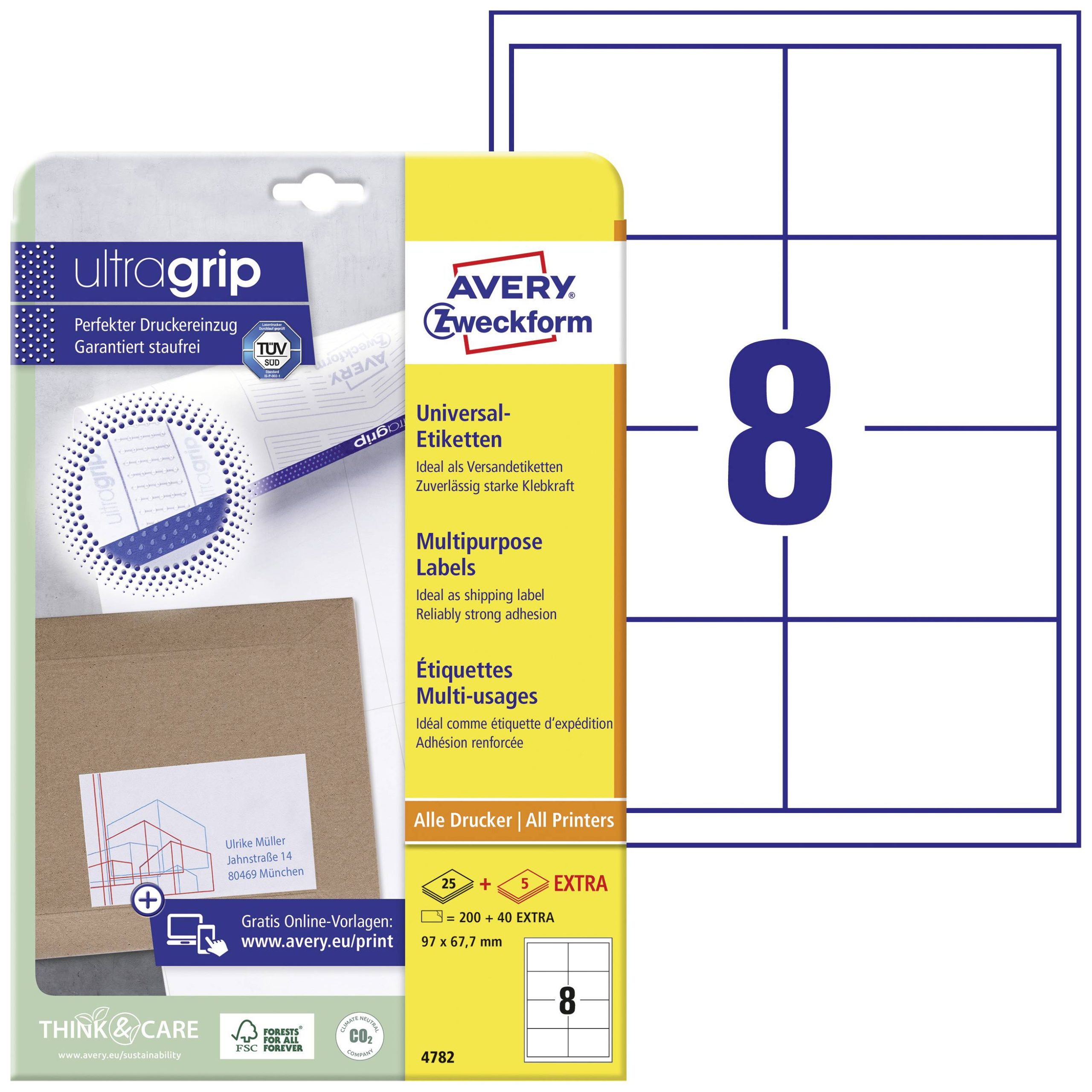 Avery-Zweckform 4782 Universele etiketten 97 x 67.7 mm Papier Wit 240 stuk(s) Permanent hechtend Inkjet, Laser (zwart/wi