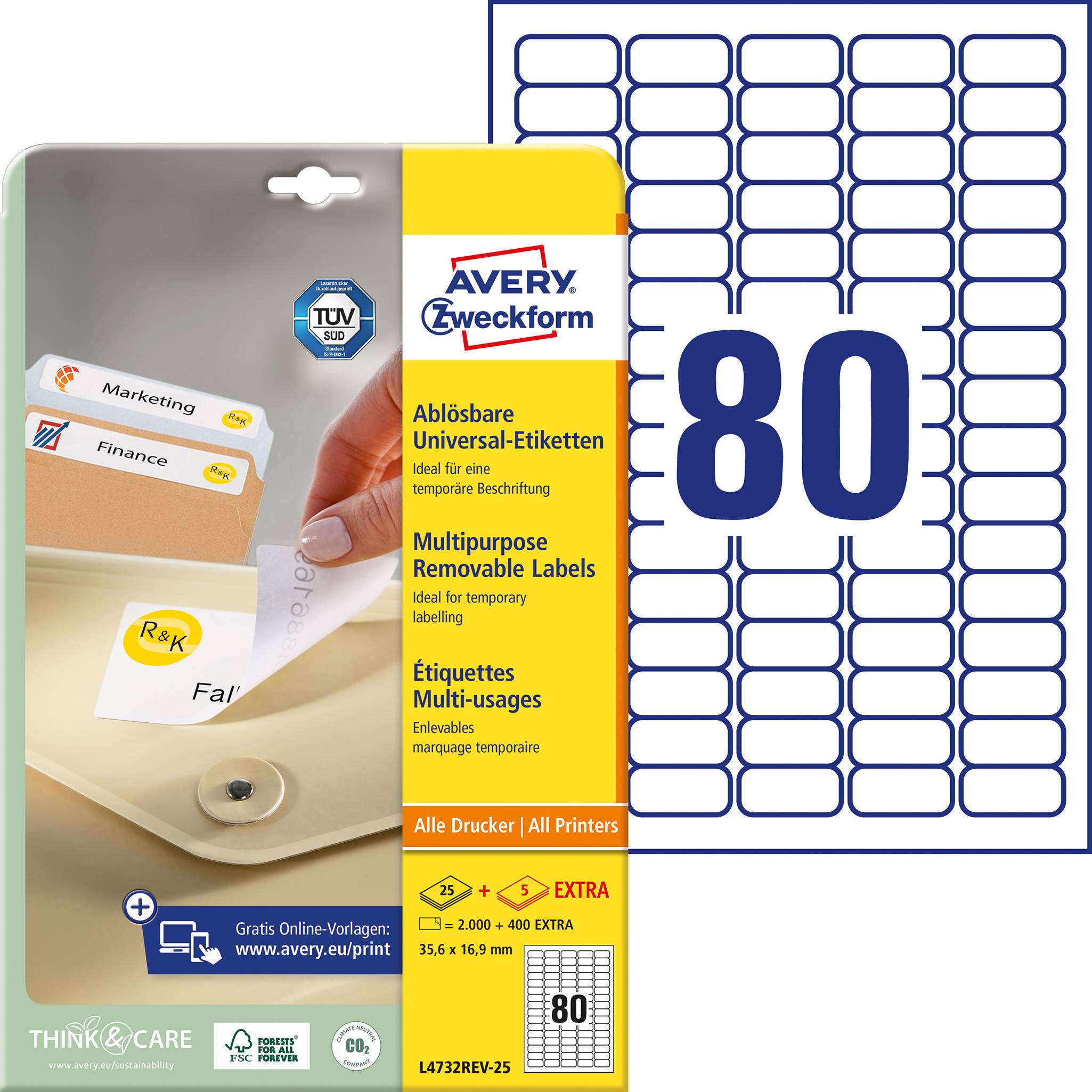 Avery-Zweckform L4732REV-25 Universele etiketten 35.6 x 16.9 mm Papier Wit 2400 stuk(s) Weer verwijderbaar Inkjet, Laser