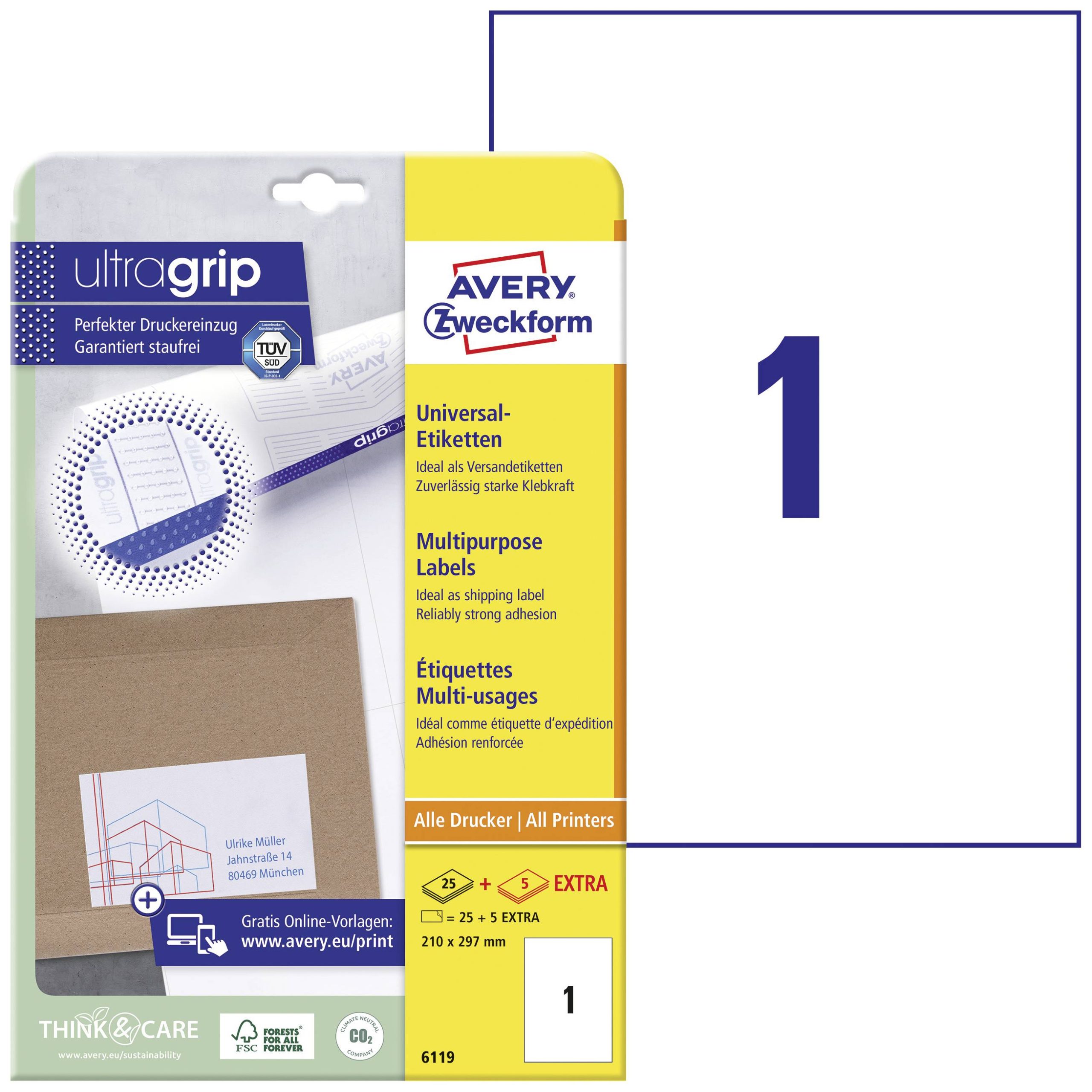 Avery-Zweckform 6119 210 x 297 mm Papier Wit 30 stuk(s) Permanent hechtend Universele etiketten Inkt, Laser, Kopie 30 ve