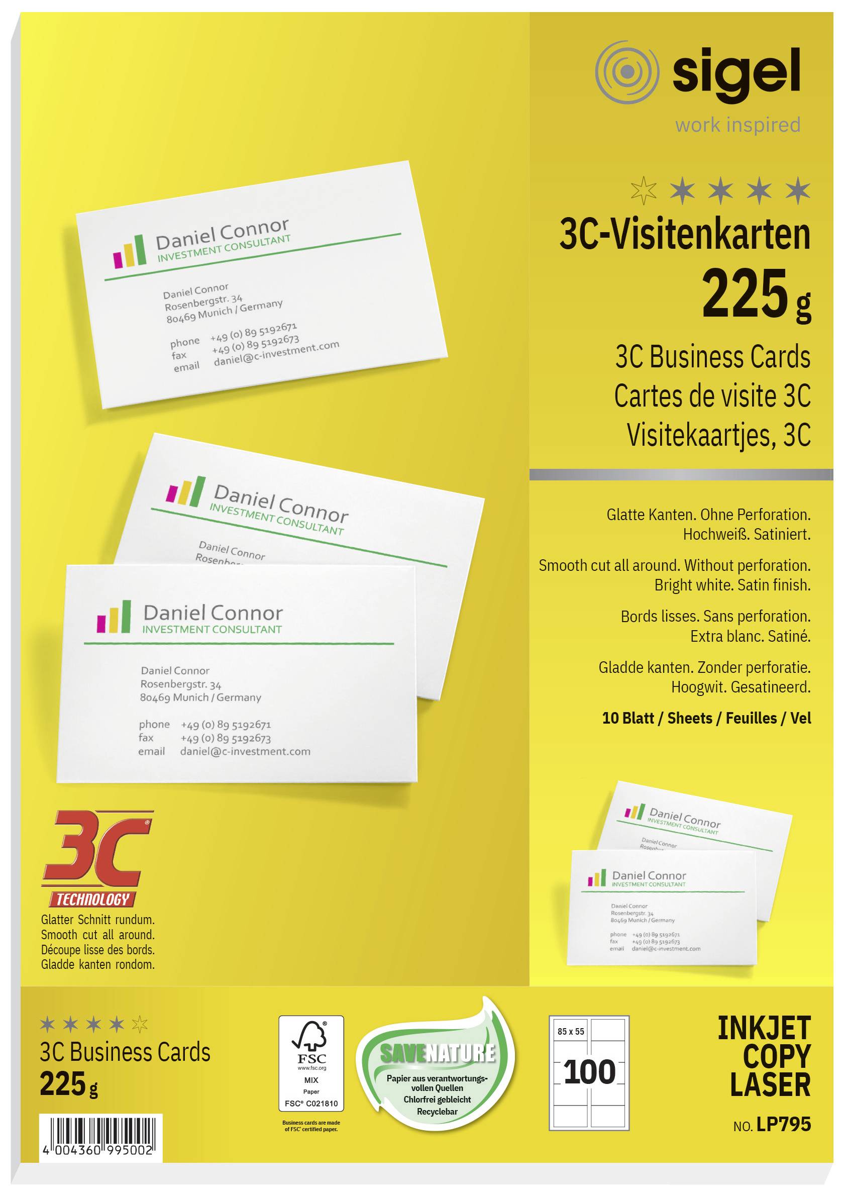 Sigel LP795 Bedrukbare visitekaarten, gladde kant 85 x 55 mm Helderwit 100 stuk(s) Papierformaat: DIN A4