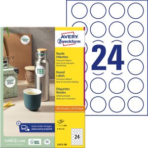 Avery-Zweckform L3415-100 Ø 40 mm Papier Wit 2400 stuk(s) Permanent hechtend Universele etiketten Inkt, Laser, Kopie 100 Avery-Zweckform L3415-100 Ø 40 mm Papier Wit 2400 stuk(s) Permanent hechtend Universele etiketten Inkt, Laser, Kopie 100
