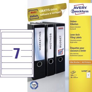 Avery-Zweckform L4760-100 Ordneretiketten 38 x 192 mm Papier Wit 700 stuk(s) Permanent hechtend Laser (kleur), Laser (zw Avery-Zweckform L4760-100 Ordneretiketten 38 x 192 mm Papier Wit 700 stuk(s) Permanent hechtend Laser (kleur), Laser (zw